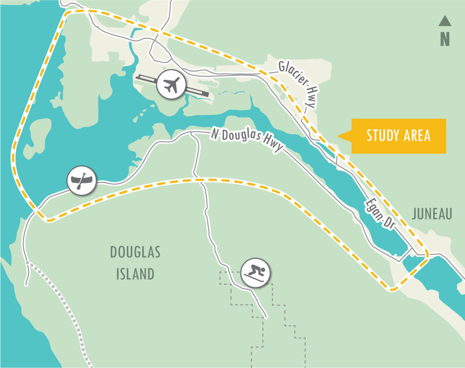 This Alaska Department of Transportation and Public Facilities map shows the study area for a proposed second crossing between Juneau and Douglas Island. (Courtesy Image / DOT&PF)