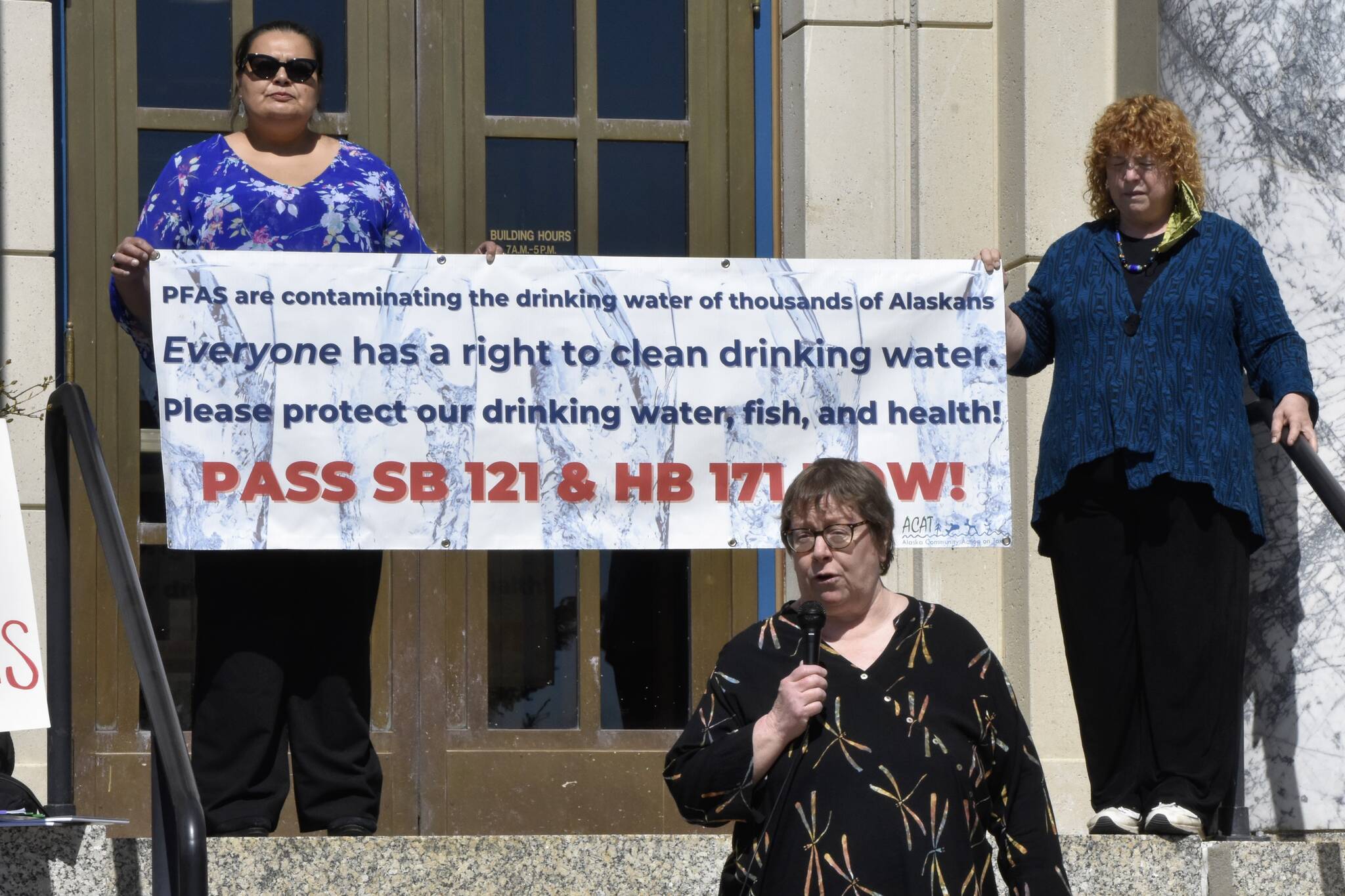 Pamela Miller, executive director of Alaska Community Action on Toxics, speaks at a rally at the Alaska State Capitol on Thursday, May 12, 2022, calling on lawmakers to pass legislation regulating PFAS chemicals, so-called ‘forever chemicals’ that have been found to contaminate water and cause health issues. PFAS contamination has been found at several sites around the state, mainly around airports where the chemicals are used in fire-fighting foams. (Peter Segall / Juneau Empire)