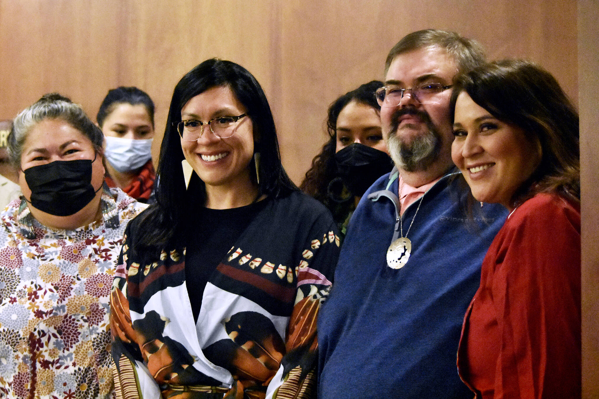 From left to right, La quen náay Liz Medicine Crow, Rep. Tiffany Zulkosky, D-Bethel; Richard Chalyee Éesh Peterson and ‘Wáahlaal Gidáak Barbara Blake were in the gallery of the Alaska State Senate on Friday, May 13, 2022, to watch debate on House Bill 123, a bill to formally recognize Alaska’s federally-recognized tribes. The bill bassed unanimously. (Peter Segall / Juneau Empire)