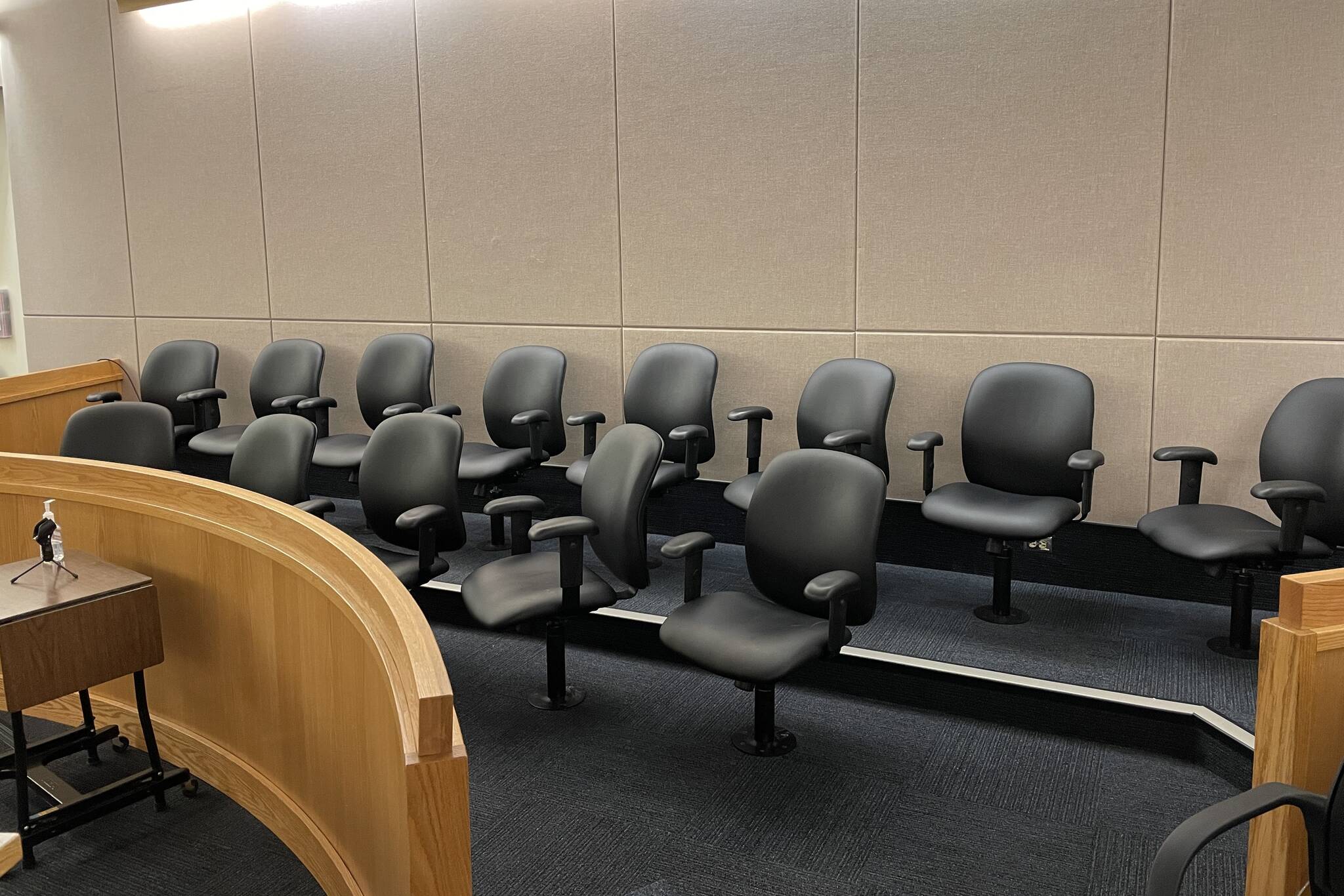 The jury section stands empty between rounds of the jury selection process in the trial for a man charged in a stabbing in downtown Juneau in 2019 on May 16, 2022. (Michael S. Lockett / Juneau Empire)