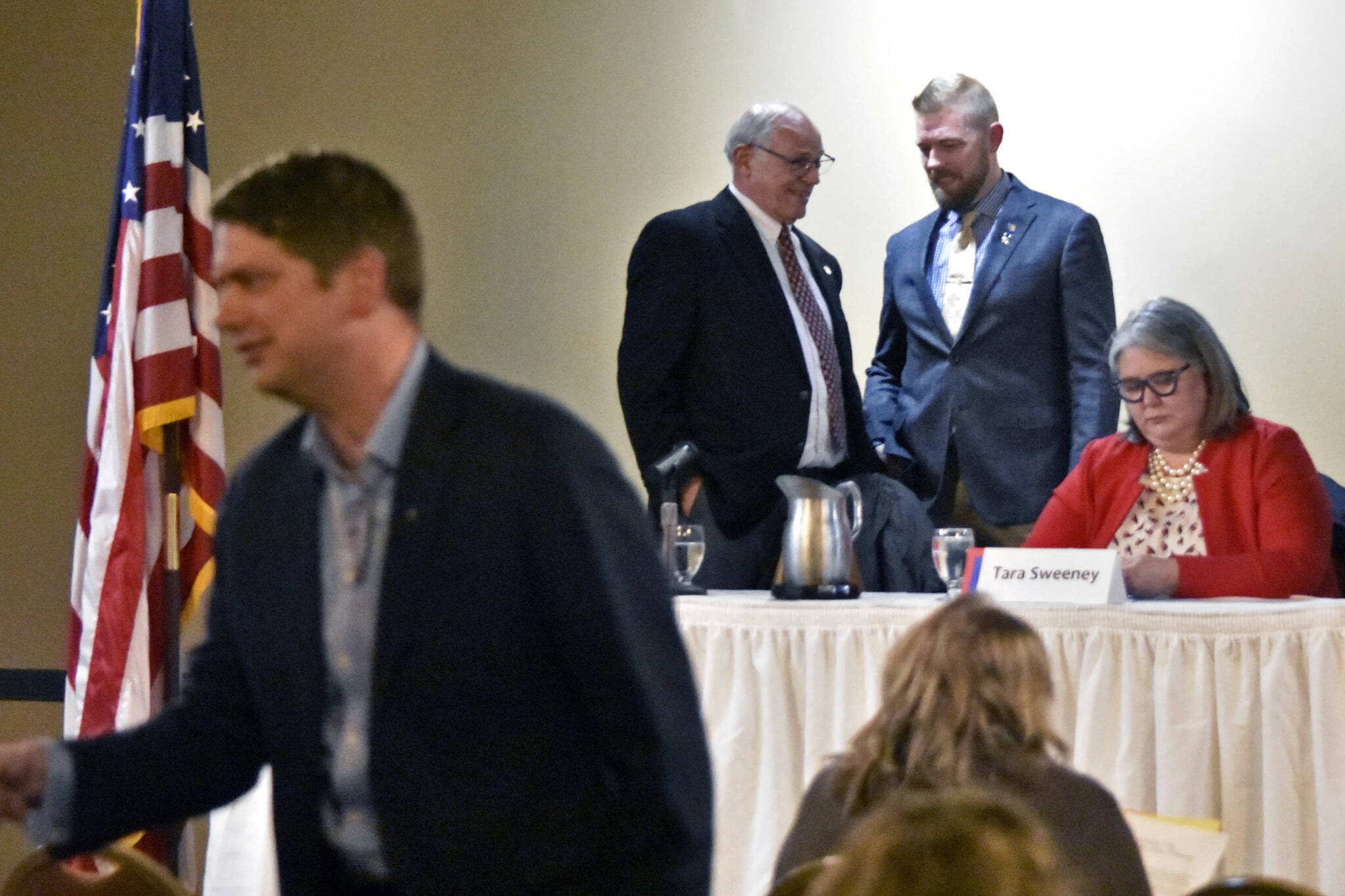 From left to right, Nick Begich III, foreground, and John Coghill, state Sen. Josh Revak, R-Anchorage, and Tara Sweeney, all Republican candidates for Alaska’s seat in the U.S. House of Representatives, were at Juneau’s Baranoff Hotel on Tuesday, May 16, 2022, for a debate hosted by local Republicans. (Peter Segall / Juneau Empire)
