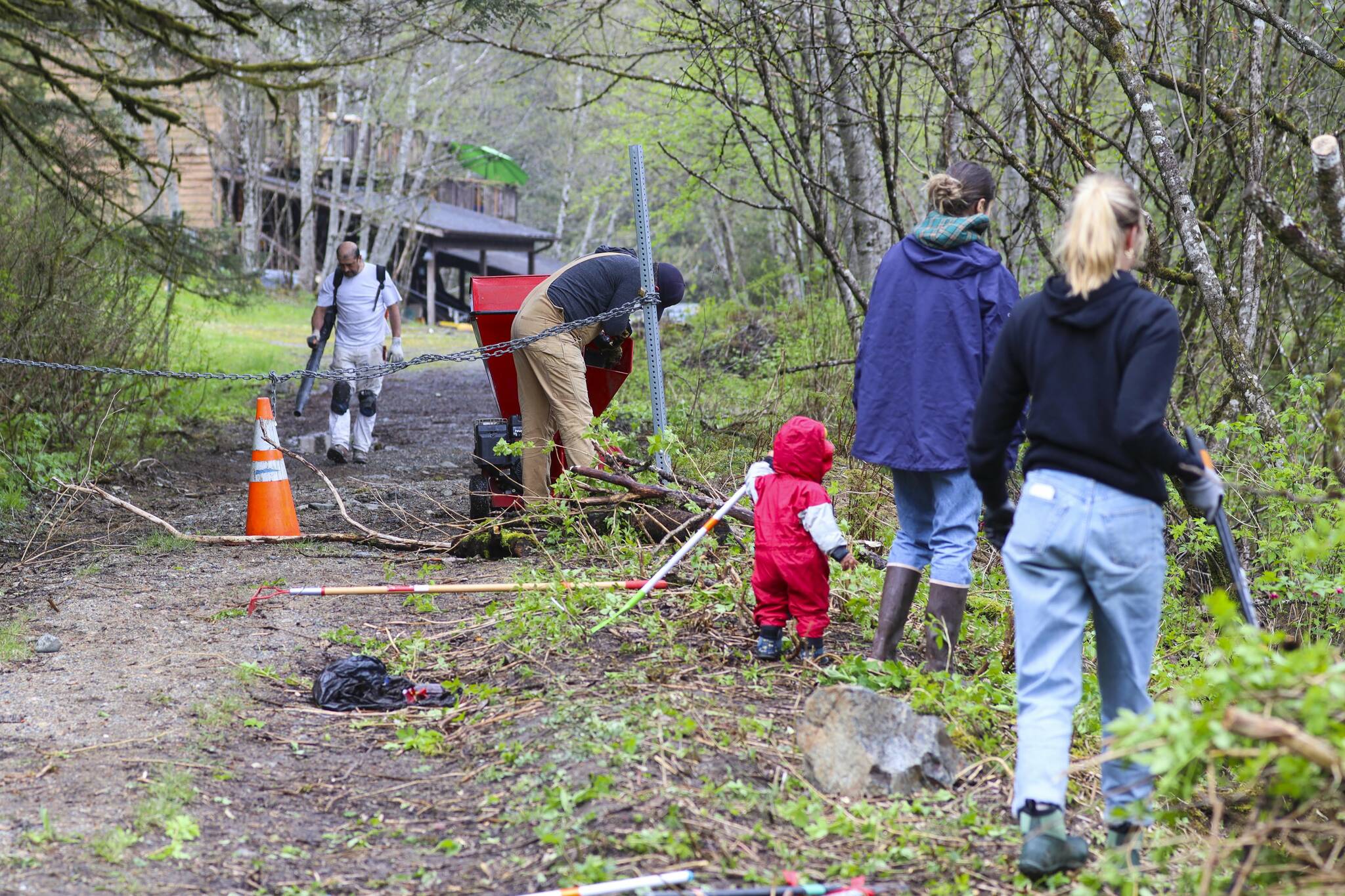 Michael S. Lockett / Juneau Empire 
Volunteers clear deadwood and undergrowth as part of the cleanup of the cemetery near Lawson Creek on May 14, 2022.
