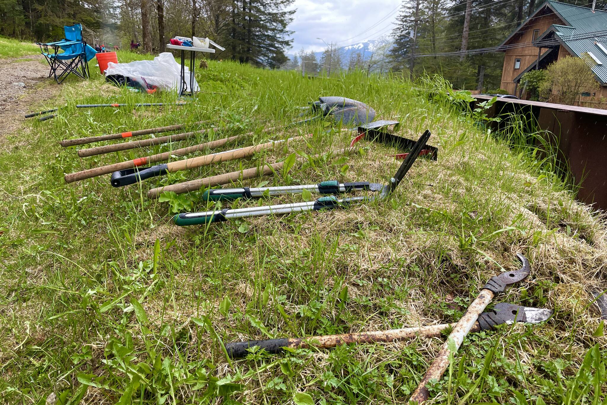 Michael S. Lockett / Juneau Empire 
Volunteers, including a number of staff, parents and kids from the Juneau Montessori School, cleared deadwood and undergrowth as part of the cleanup of the cemetery near Lawson Creek on May 14, 2022.