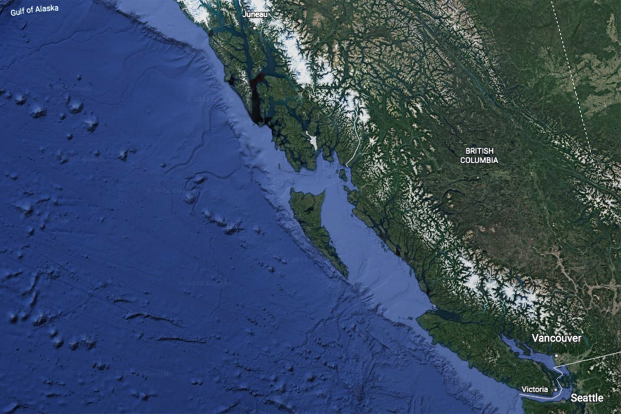 This screenshot of Google Earth shows the area of a proposed “green corridor” from Seattle to Southeast Alaska. (Screenshot)
