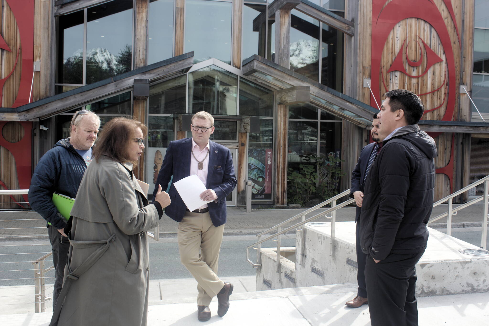 Assistant U.S. Commerce Secretary Alejandra Castillo, second from left, meets Southeast Alaska Native leaders at the Sealaska Heritage Plaza on Wednesday to discuss the Spruce Root project, which is among 60 finalists seeking a share of a $1 billion federal development grant. Spruce Roots is hoping to be among the 20-30 winners who will each receive up to $100 million, with the project seeking to create 250 new jobs, $22 million in new annual economic activity and $20 million in new infrastructure. (Mark Sabbatini / Juneau Empire)