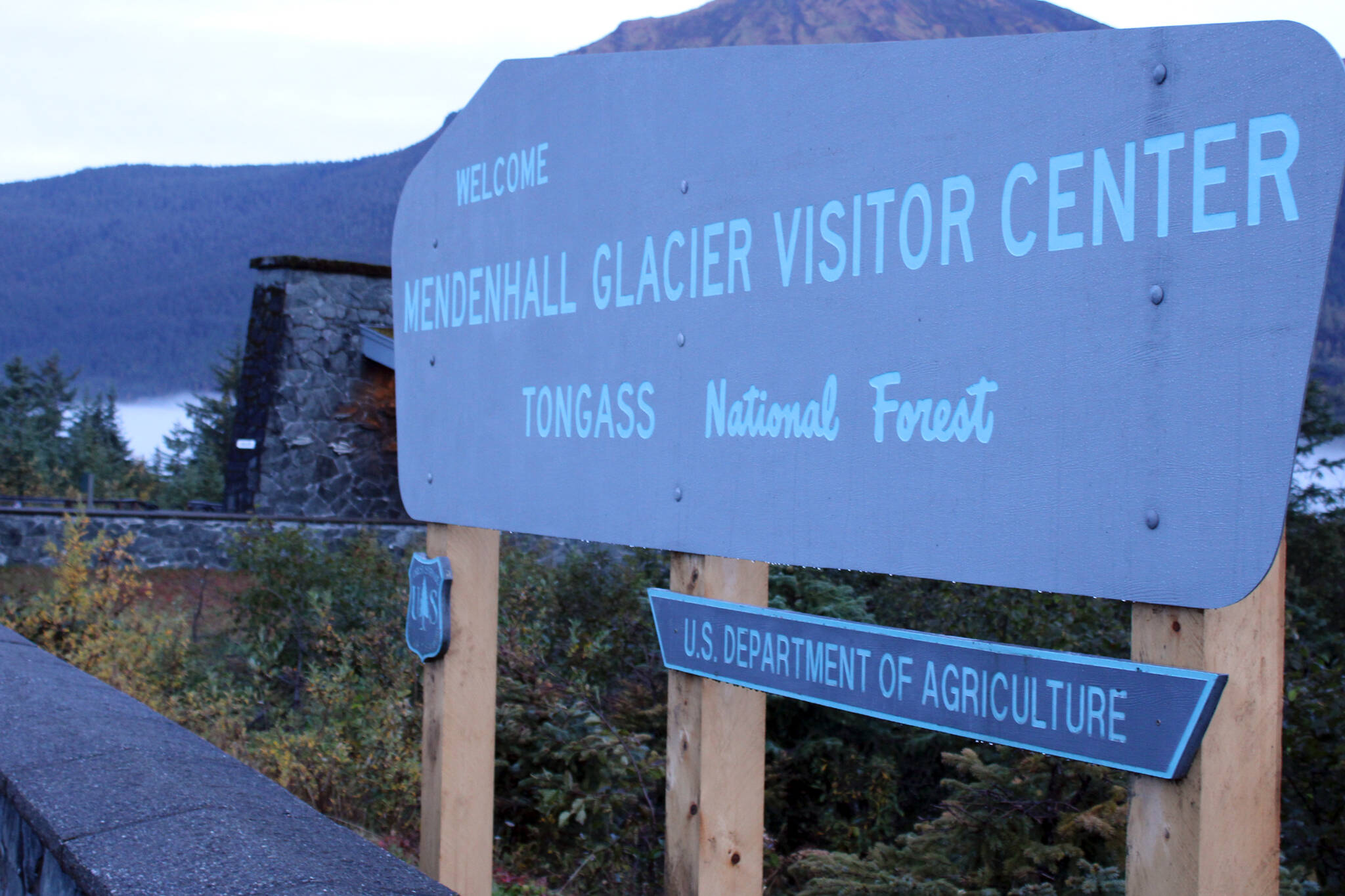 A sign marks the location of the Mendenhall Glacier Visitor Center. (Ben Hohenstatt / Juneau Empire File)