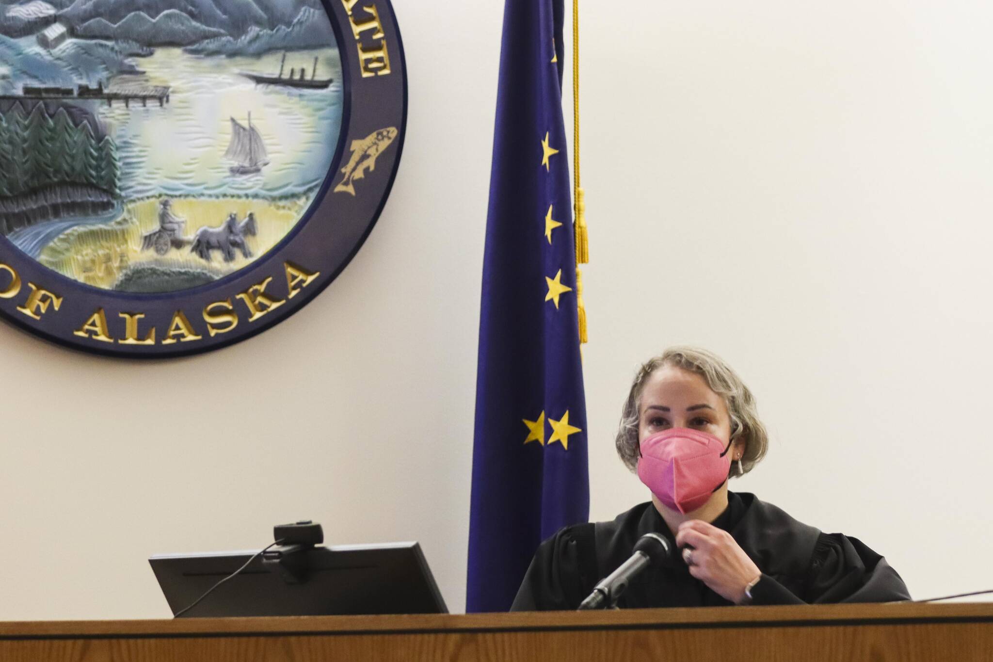 Juneau Superior Court Judge Amy Mead speaks to the attorneys during a trial centered around a 2019 stabbing May 19, 2022. (Michael S. Lockett / Juneau Empire)