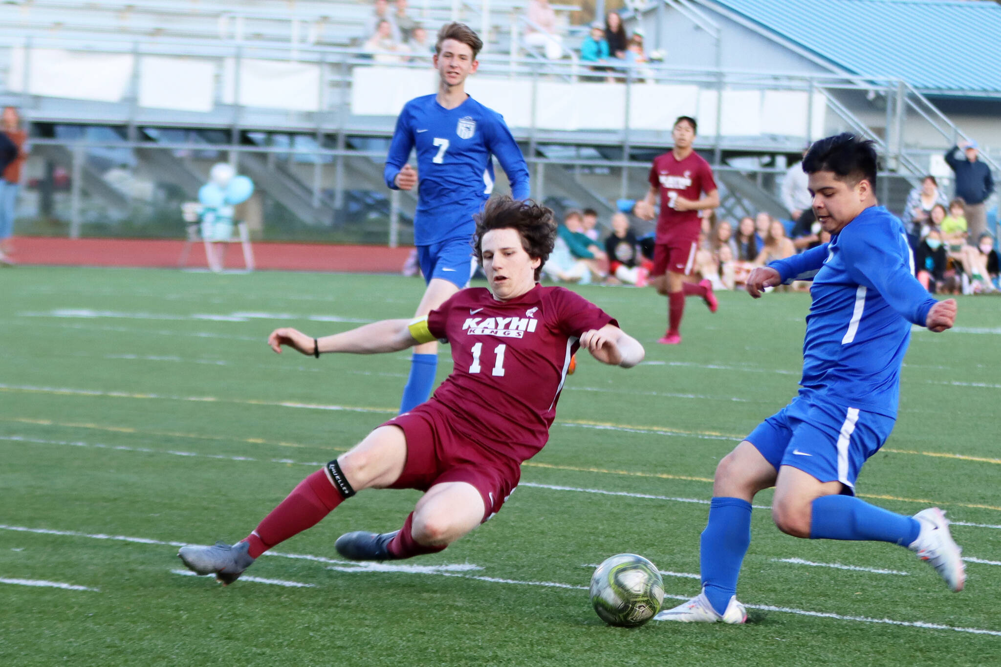 TMHS senior Omar Alvarez chips in one of his four goals on Saturday. TMHS bested Ketchikan 5-0. Senior Phil Lam scored the Falcons’ other goal of the match. “I hadn’t scored the whole season, I was what, 0-for-18? Tonight, was history for me. It was amazing,” Alvarez said. (Ben Hohenstatt / Juneau Empire)