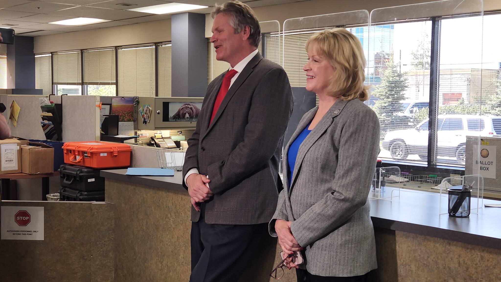 Courtesy photo / Andrew Jensen
Gov. Mike Dunleavy and former Department of Corrections Commissioner Nancy Dahlstrom filed to run on the same ticket for governor and lieutenant governor at an Anchorage Division of Elections office on Monday.