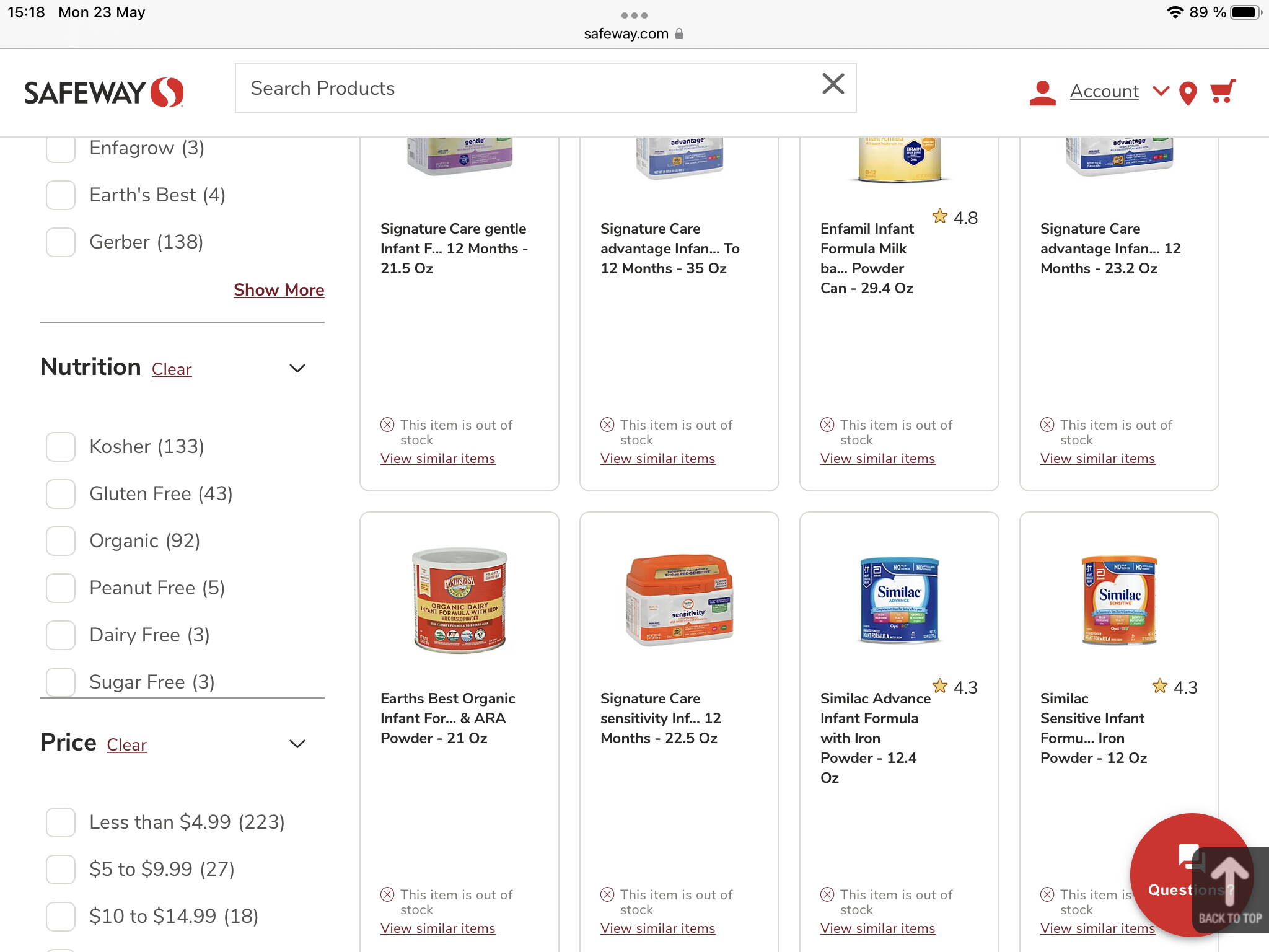 Virtually all types of infant formula are sold out at the Juneau Safeway online shopping portal on Monday afternoon. Store director Mark Jones said shipments of limited varieties are usually put on shelves Tuesdays and Thursdays, but sold out by the weekend. (Screenshot from safeway.com)