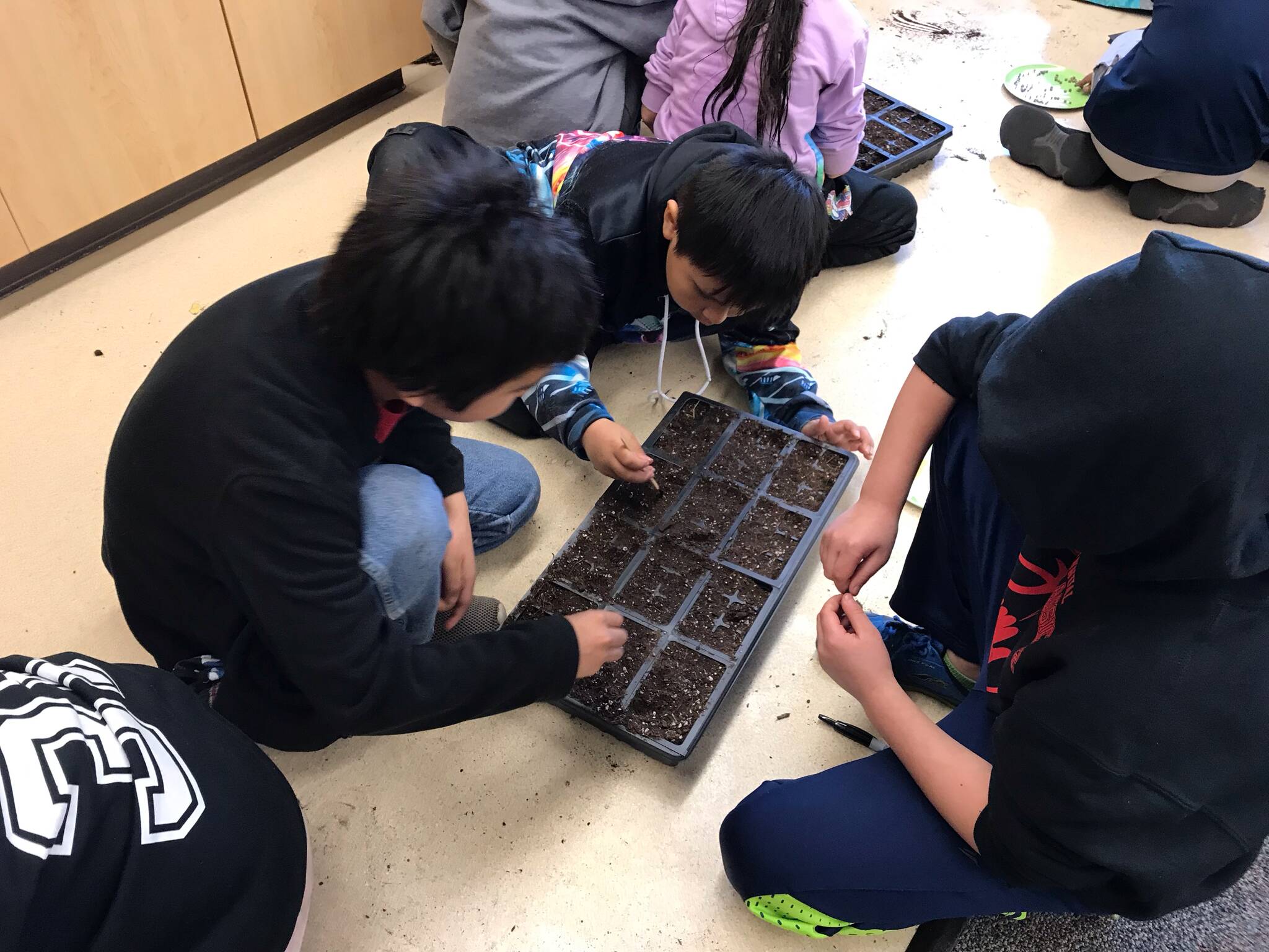 Courtesy Photo / Mark Browning 
This year’s fourth graders in Mark Browning’s class teach the second and third graders how to plant seeds.