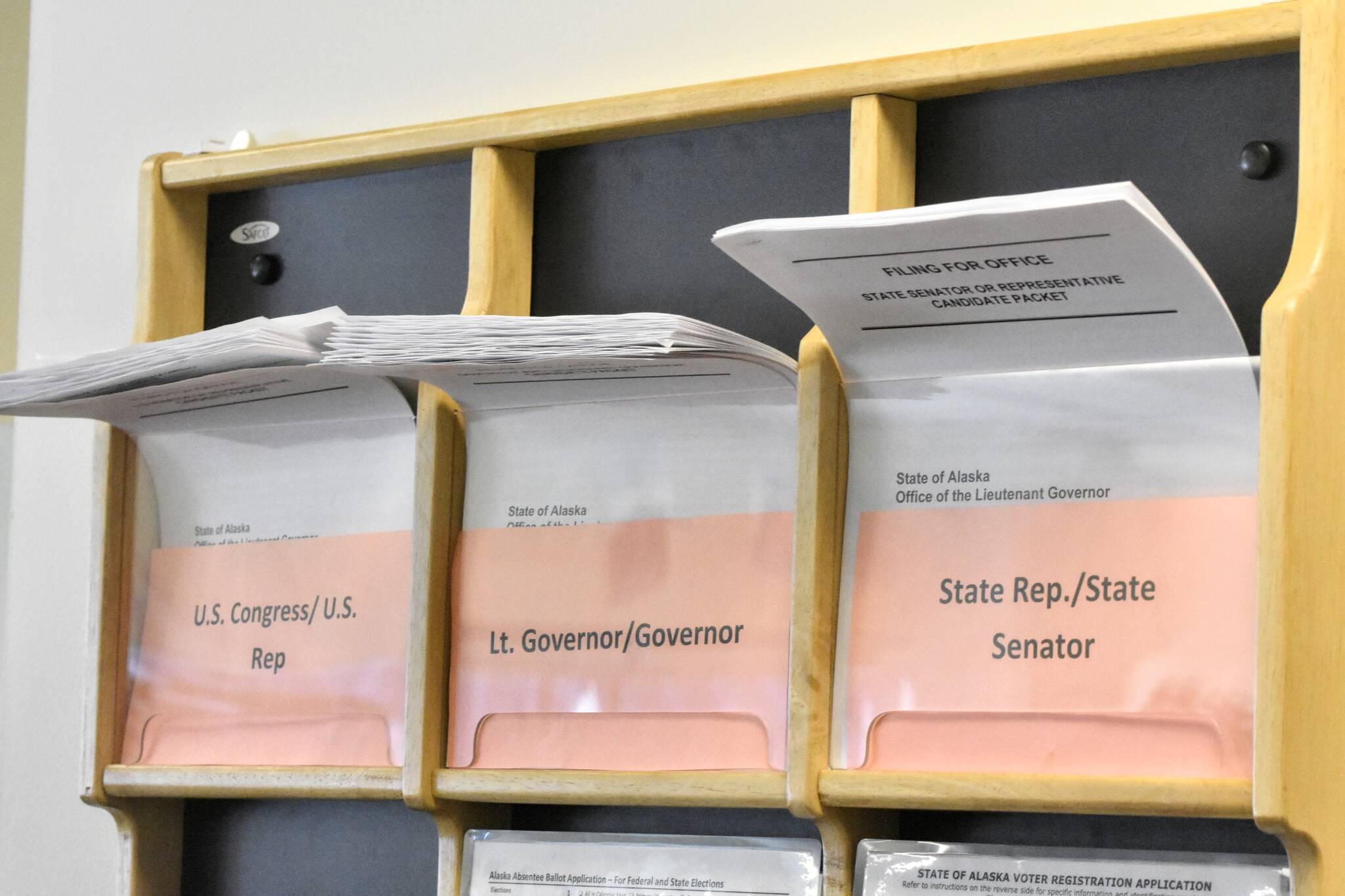 Forms to run for state office are available at the Alaska Division of Elections’ offices in Juneau on Wednesday, June 1, 2022, the deadline for potential candidates to file. The state’s new voting system has led to a large number of Alaskans running for office this year. (Peter Segall / Juneau Empire)