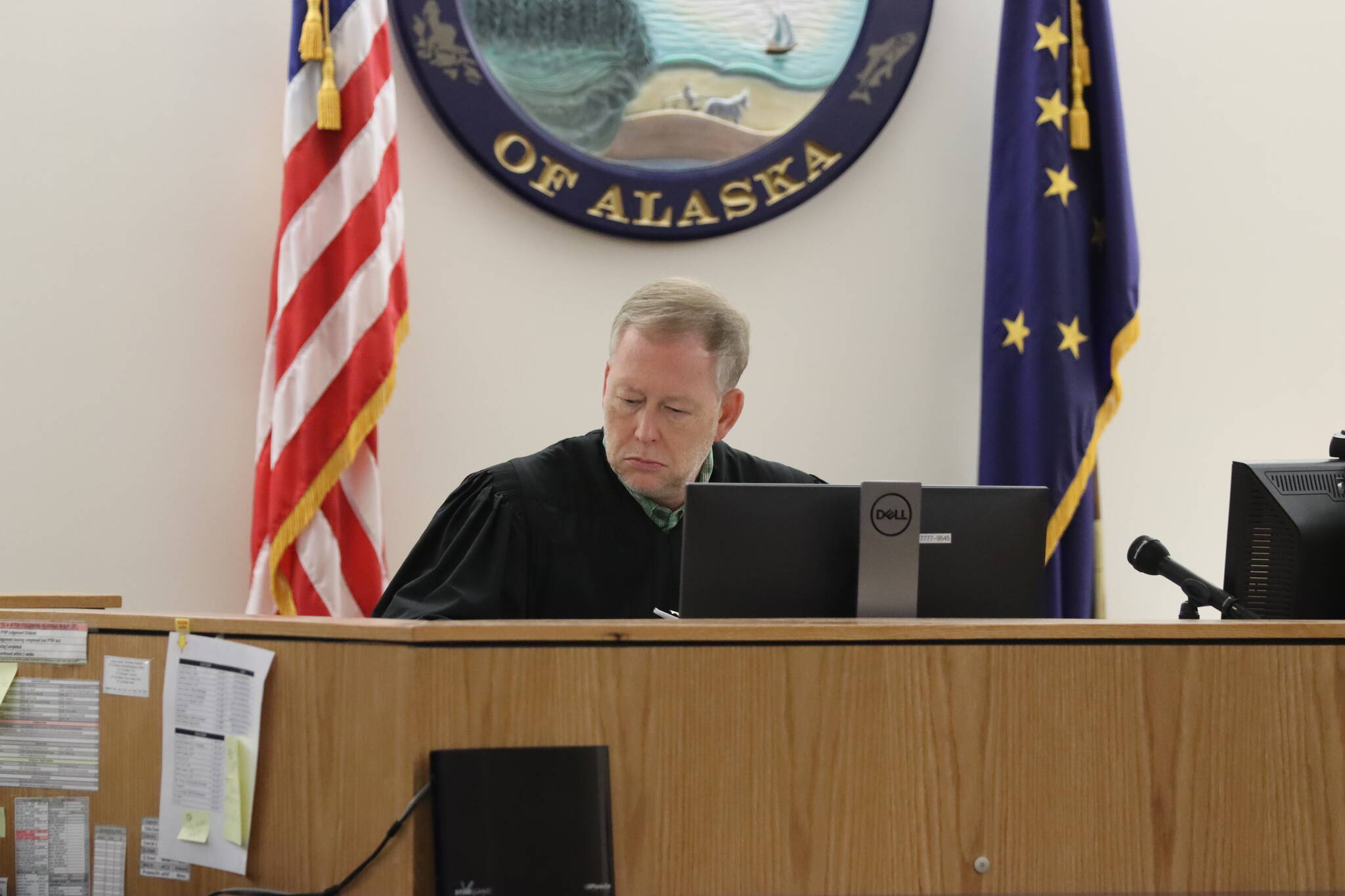 Judge Daniel Schally speaks as he hands down the sentencing for a Juneau man found guilty of sexual abuse of women and children over several decades on June 2, 2022. (Michael S. Lockett / Juneau Empire)