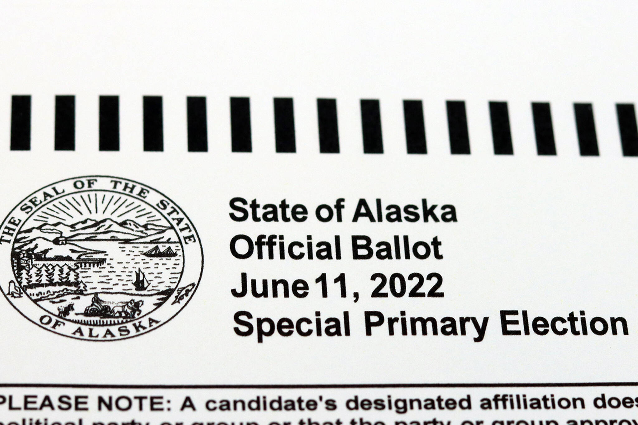 This photo shows the top of a ballot in the special primary election to fill the remainder of deceased U.S. Rep. Don Young’s term in the U.S. House of Representatives. In the primary, voters can only vote for one candidate. There will be a ranked choice special election on Aug. 16, which is the same date as the regular primary election. (Ben Hohenstatt / Juneau Empire)