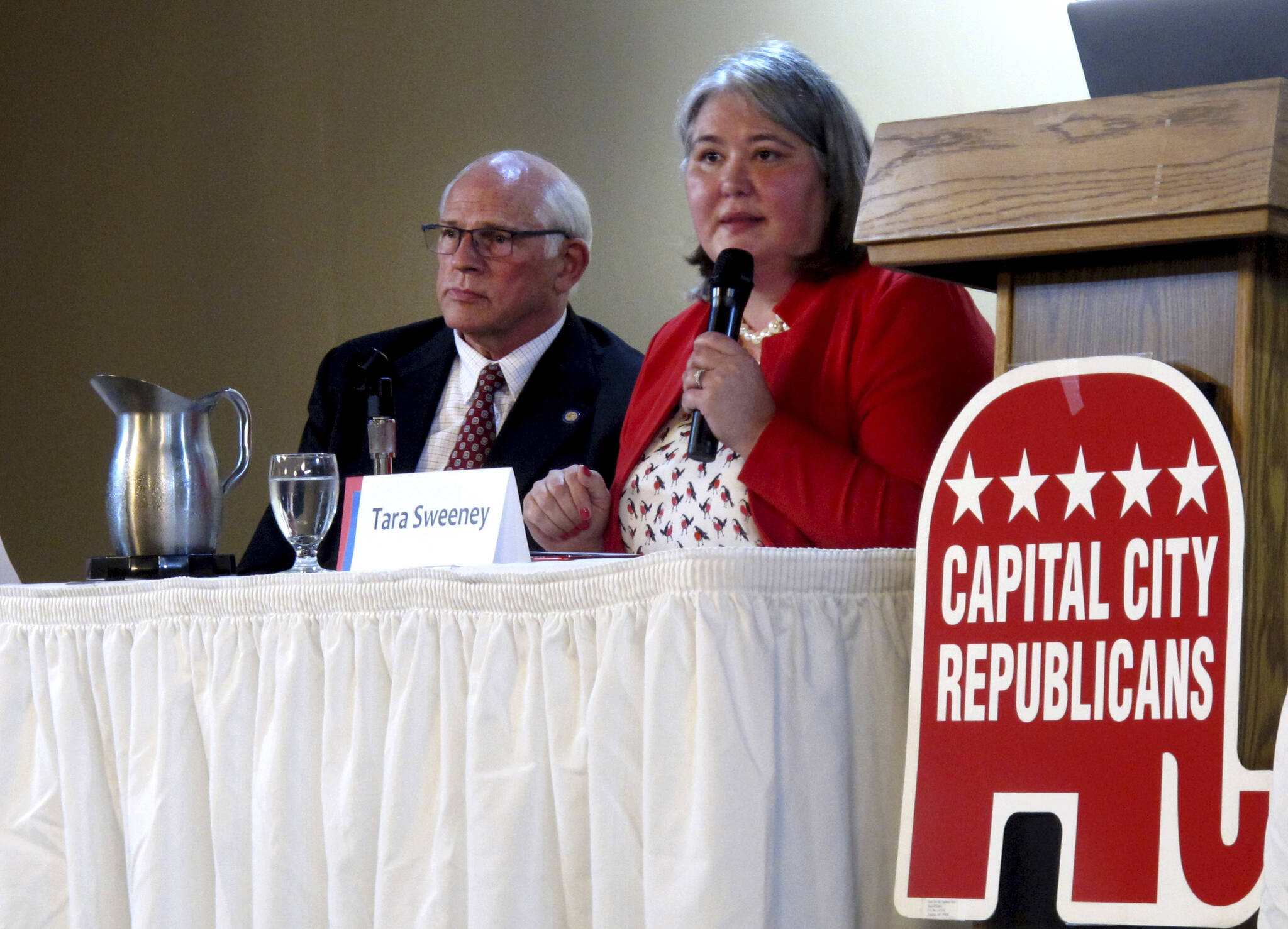 Republican Tara Sweeney, right, speaks Monday, May 16, 2022, at a forum in Juneau, Alaska, that was also attended by three other Republican candidates for Alaska’s U.S. House seat, including John Coghill, left. Sweeney and Coghill are among 48 candidates in a June 11 special primary for the House seat left vacant by the death earlier this year of Republican Rep. Don Young. (AP Photo / Becky Bohrer)