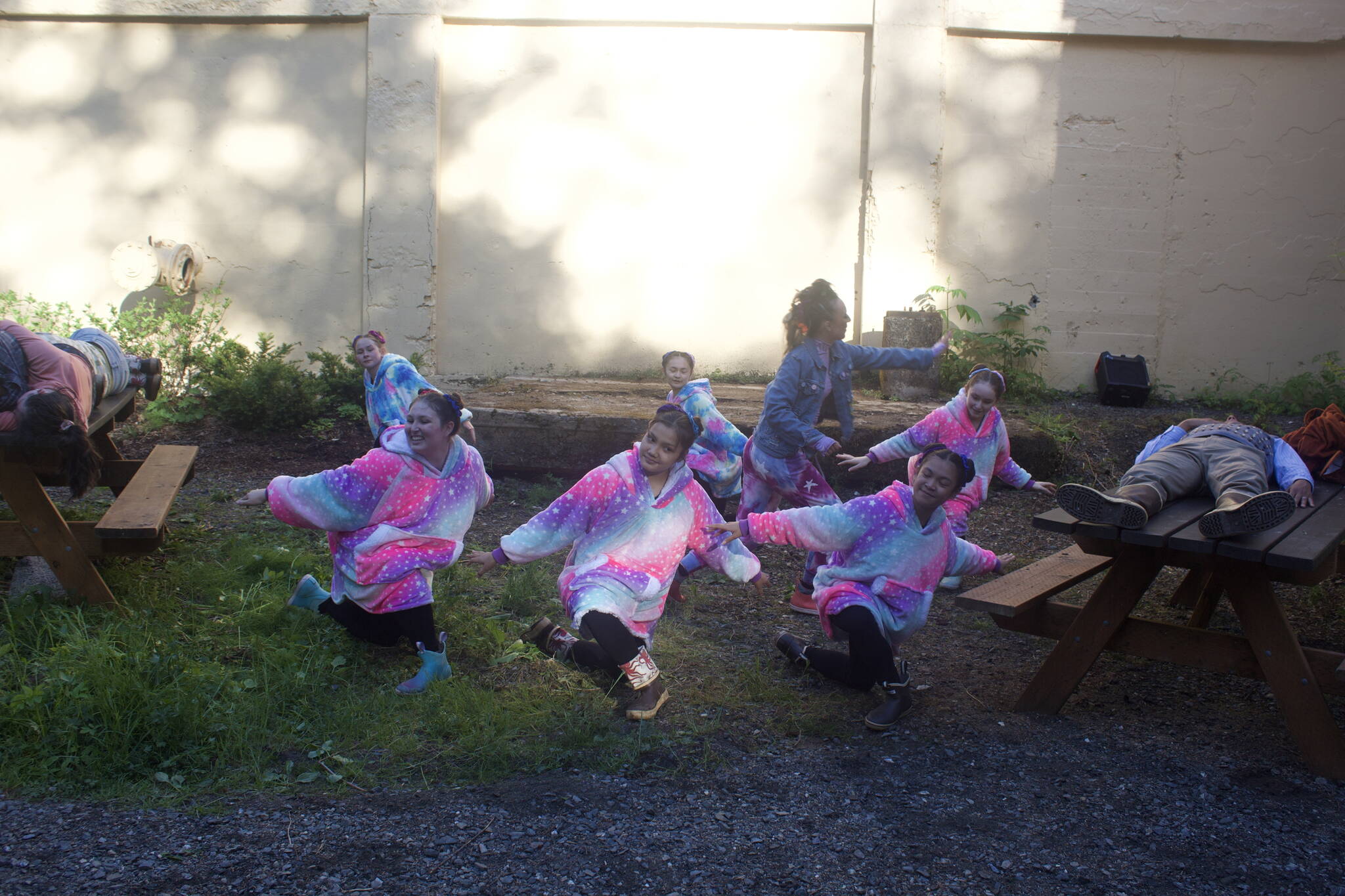 Juneau Dance Theater members rehearse for the outdoor production of “A Midsummer Night’s Dream” at the Treadwell Office Mine on Tuesday. (Mark Sabbatini / Juneau Empire)