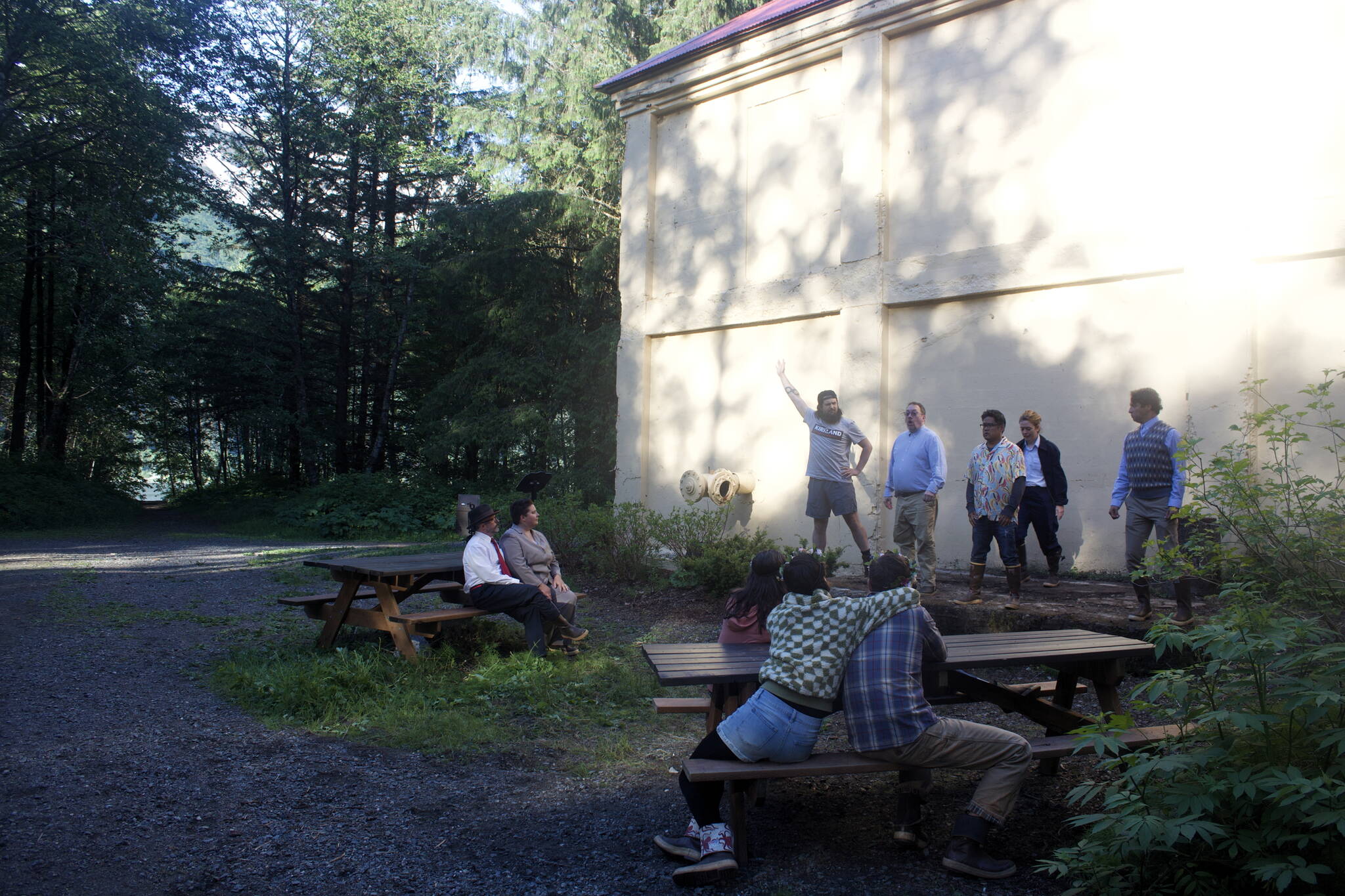 Theater Alaska actors rehearse for the outdoor production of “A Midsummer Night’s Dream” at the Treadwell Office Mine on Tuesday. Flordelino Lagundino, the play’s producing artistic director, said the restored historic structure offers plenty of variety to stage the scenes of the classic play focusing on irrational romanticism. (Mark Sabbatini / Juneau Empire)