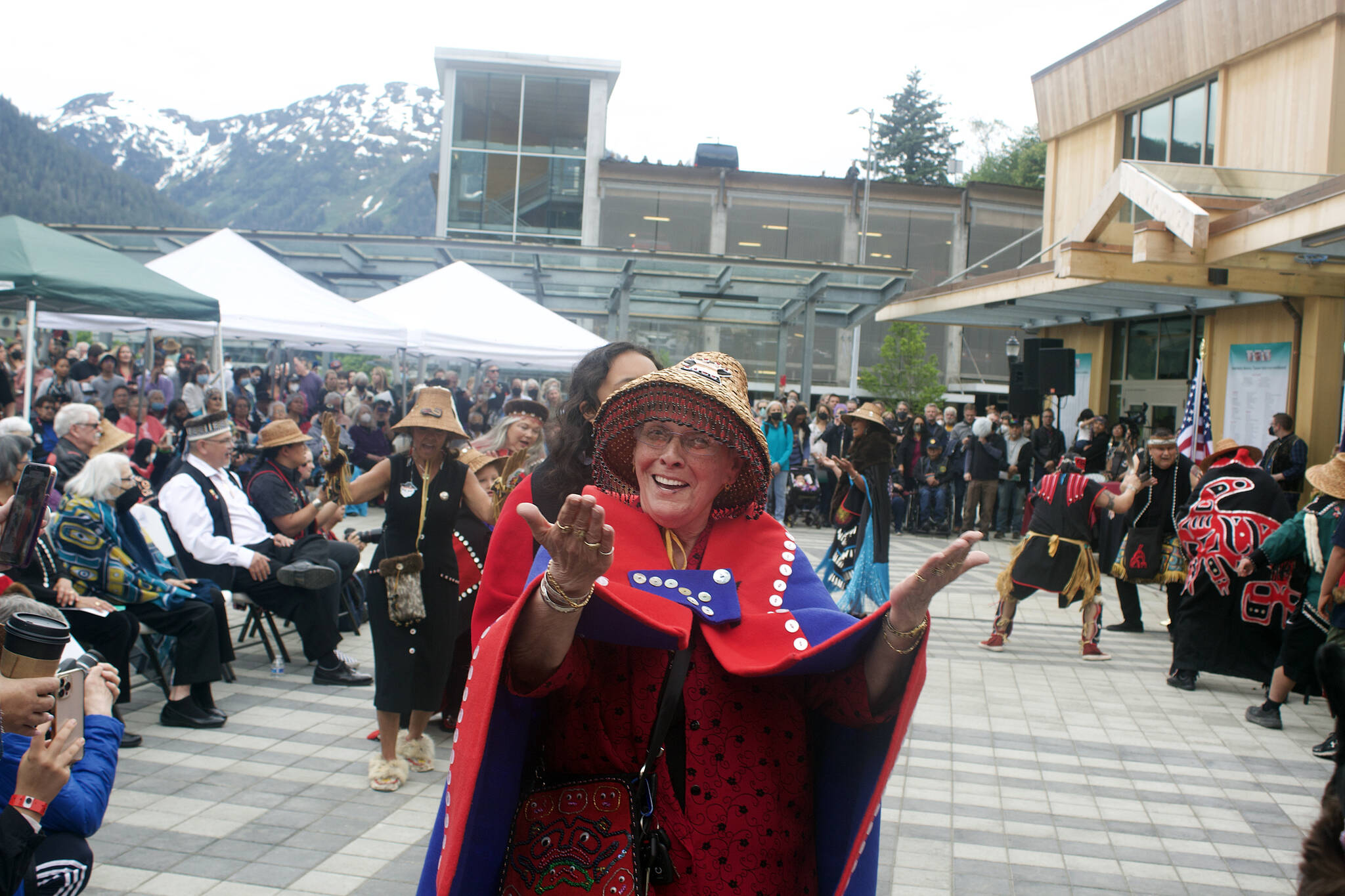 Fran Houston, cultural Leader of the A’akw Kwáan, dances during Celebration in downtown Juneau. Wednesday, the biennial celebration of Alaska Native peoples and cultures brought song, dance and the opening of a new arts campus to the capital city. (Mark Sabbatini / Juneau Empire)
