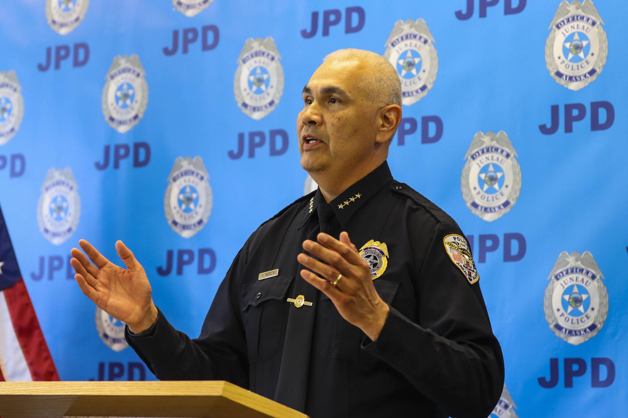 Chief Ed Mercer of the Juneau Police Department speaks during a department event on June 9, 2022. The department has made three major drug busts in the last week, seizing  illegal drugs valued at more than $300,000 locally. (Michael S. Lockett / Juneau Empire)