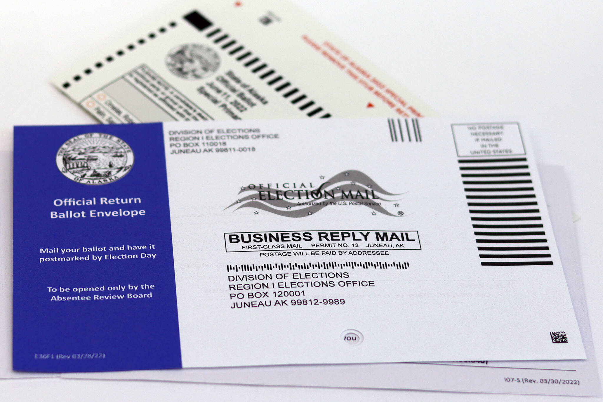 This photo shows a ballot and return envelope for the special primary election for Alaska's lone seat in the U.S. House of Representatives. Ballots must be postmarked by June 11. (Ben Hohenstatt / Juneau Empire File)