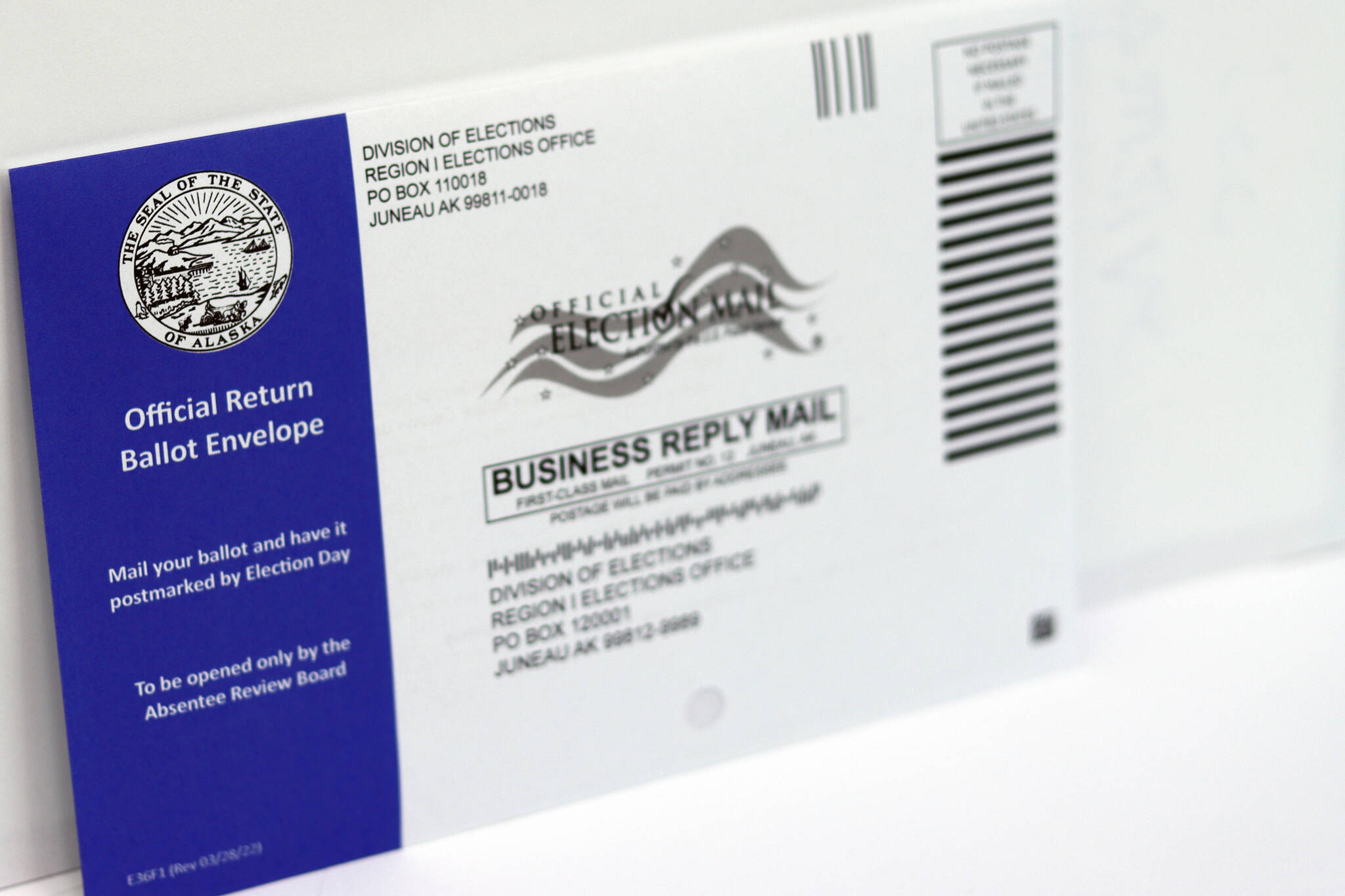 This photo shows a return envelop for 2022 special primary. Ballots must be postmarked or received by the Alaska Division of Elections by June 11. (Ben Hohenstatt / Juneau Empire File)