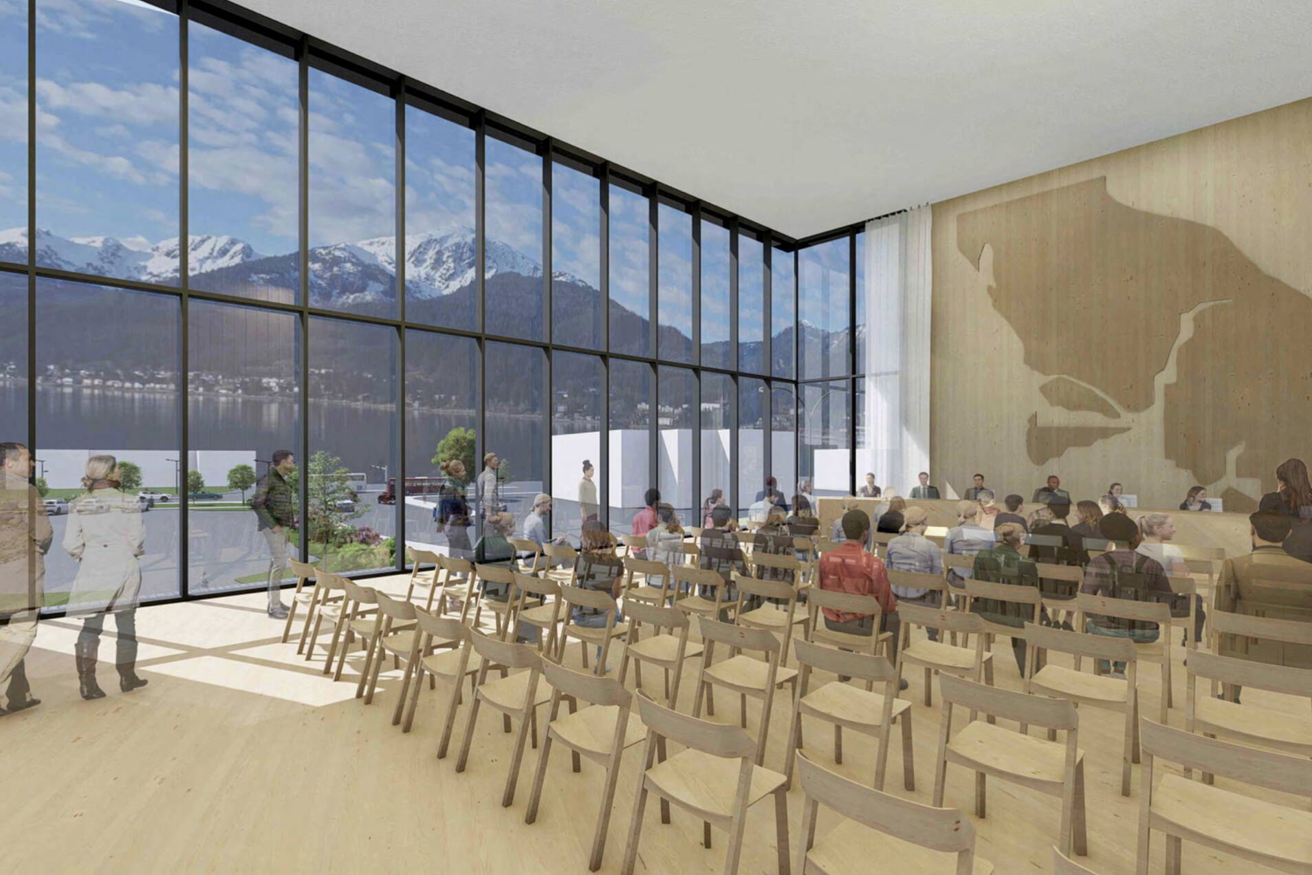 SRS Architecture 
An artist’s depiction shows the public meeting space for a proposed new city hall in Juneau. The Juneau Assembly is scheduled to vote Monday on allocating $6.3 million in general funds toward the project expected to cost roughly $40 million, accepting public testimony beforehand. The Assembly is also scheduled to take final votes on other major items including next year’s budget and property tax mill rate.