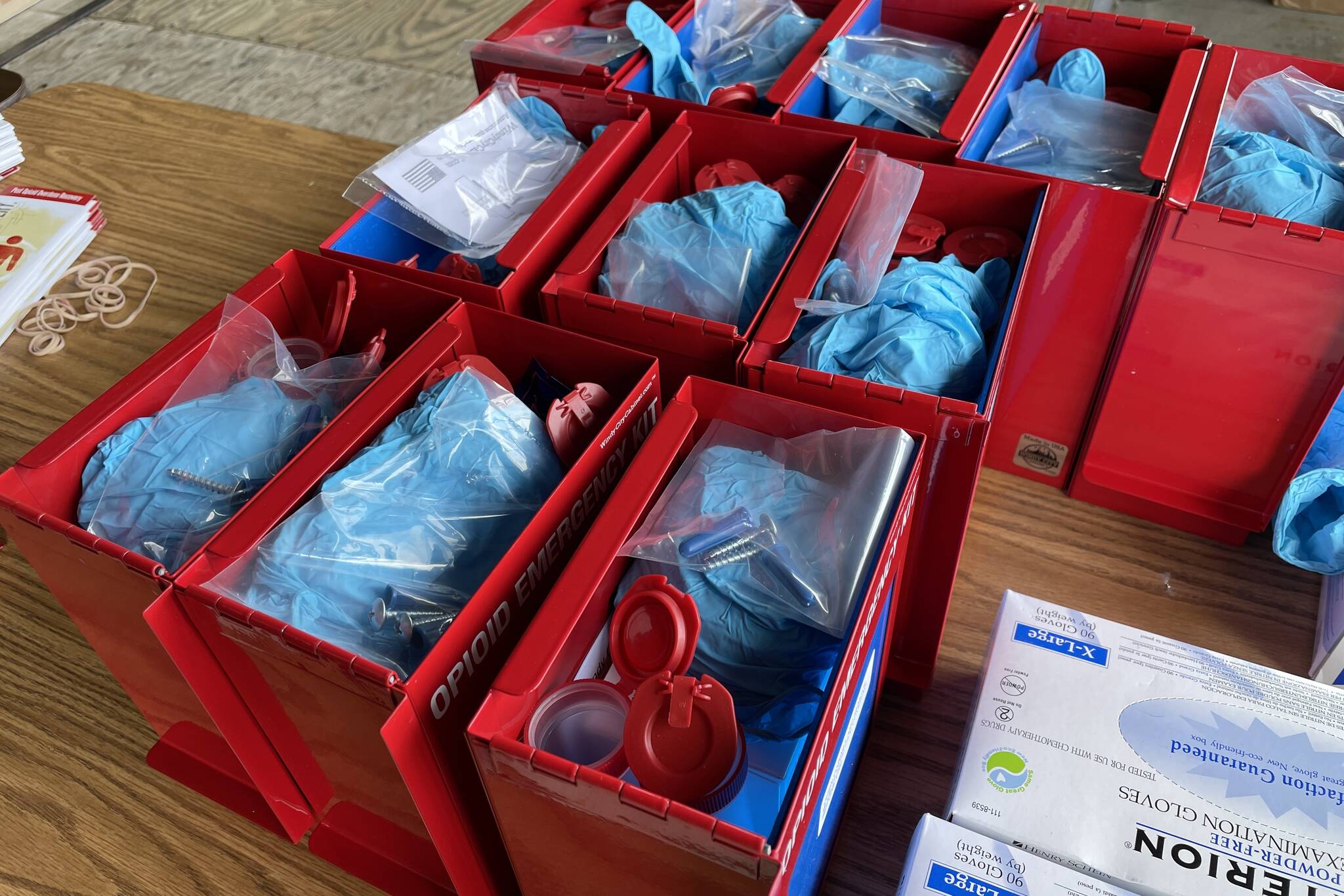 Project Gabe, named after a young man who died of an opioid overdose, aims to bring overdose kits to the fisheries industry in the Southeast. Volunteers assembled 150 kits on Friday, June 10, 2022. (Michael S. Lockett / Juneau Empire)