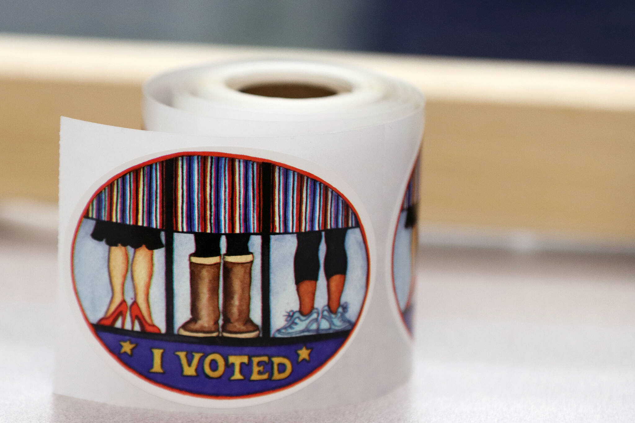 A roll of I voted stickers await voters on Saturday at the Alaska Division of Elections office in Juneau. On Saturday, which was also special primary election day, the Alaska Supreme Court reversed a ruling that would have delayed certification of the special election,.(Ben Hohenstatt / Juneau Empire)