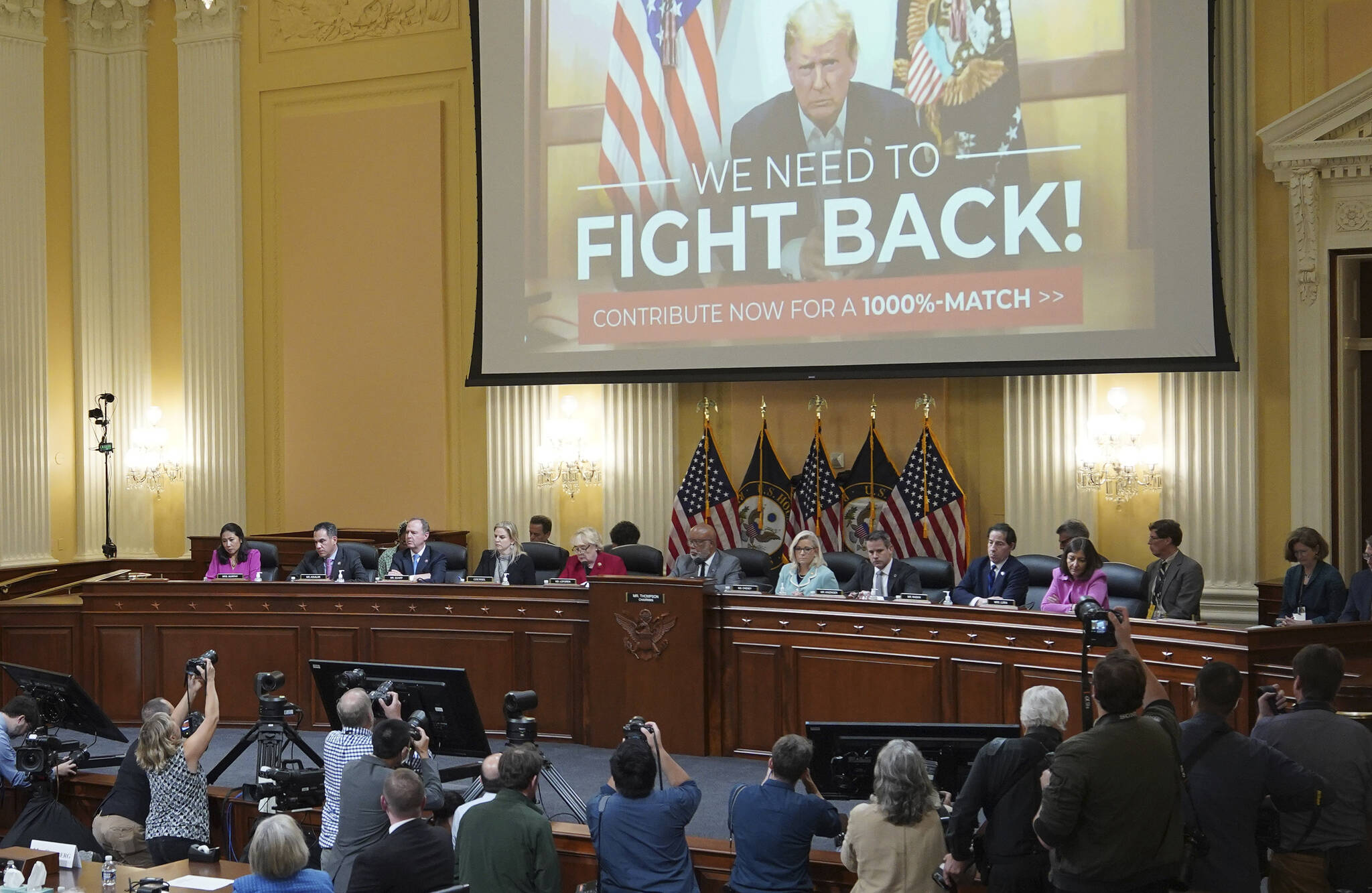 A video of former President Donald Trump speaking is displayed as the House select committee investigating the Jan. 6 attack on the U.S. Capitol continues to reveal its findings of a year-long investigation, at the Capitol in Washington, Monday, June 13, 2022.   (Mandel Ngan / Pool)
