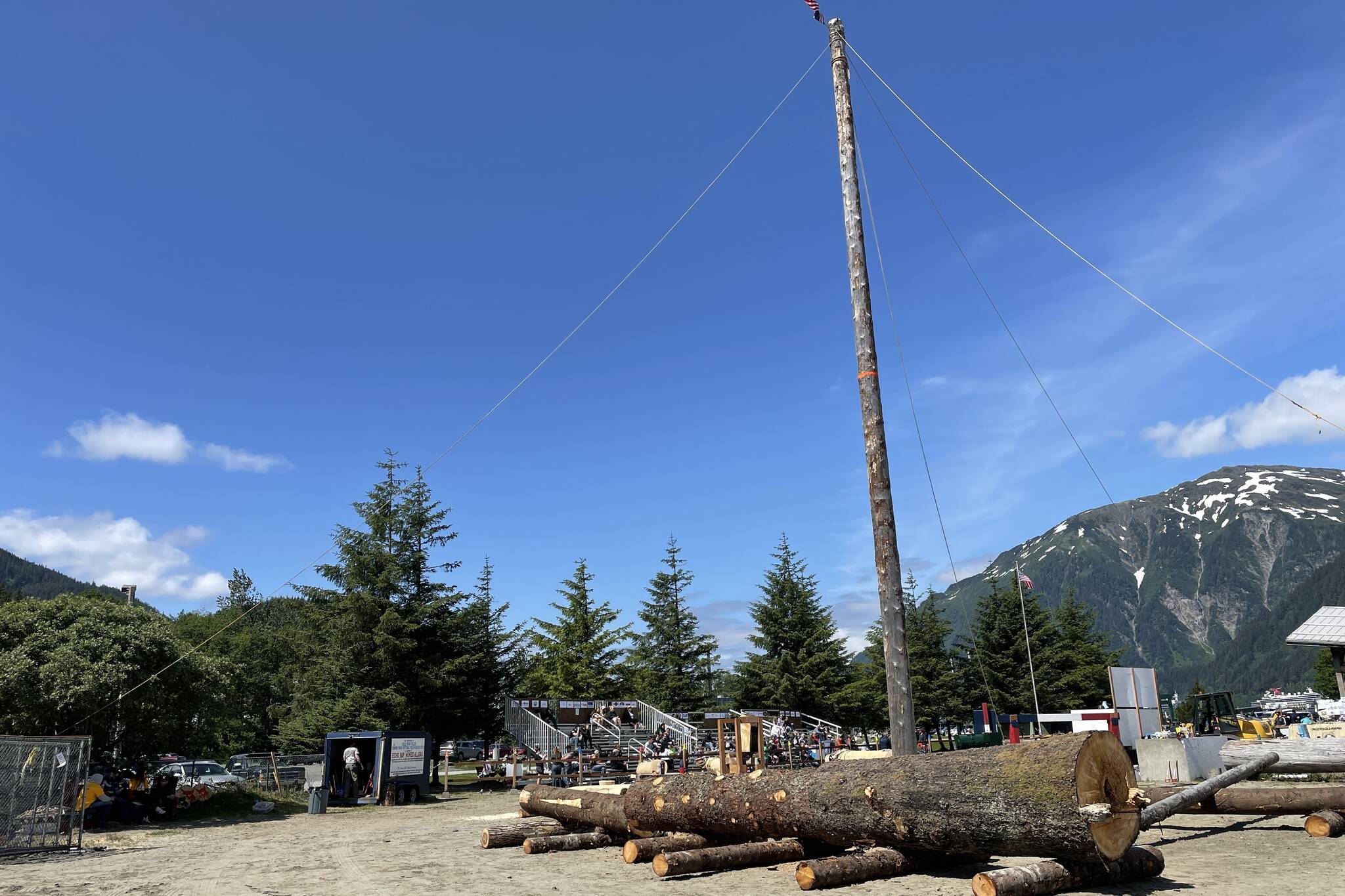 Timber setups await the Sunday logging events as part of Juneau Gold Rush Days in Savikko Park on June 18, 2022. (Michael S. Lockett / Juneau Empire)