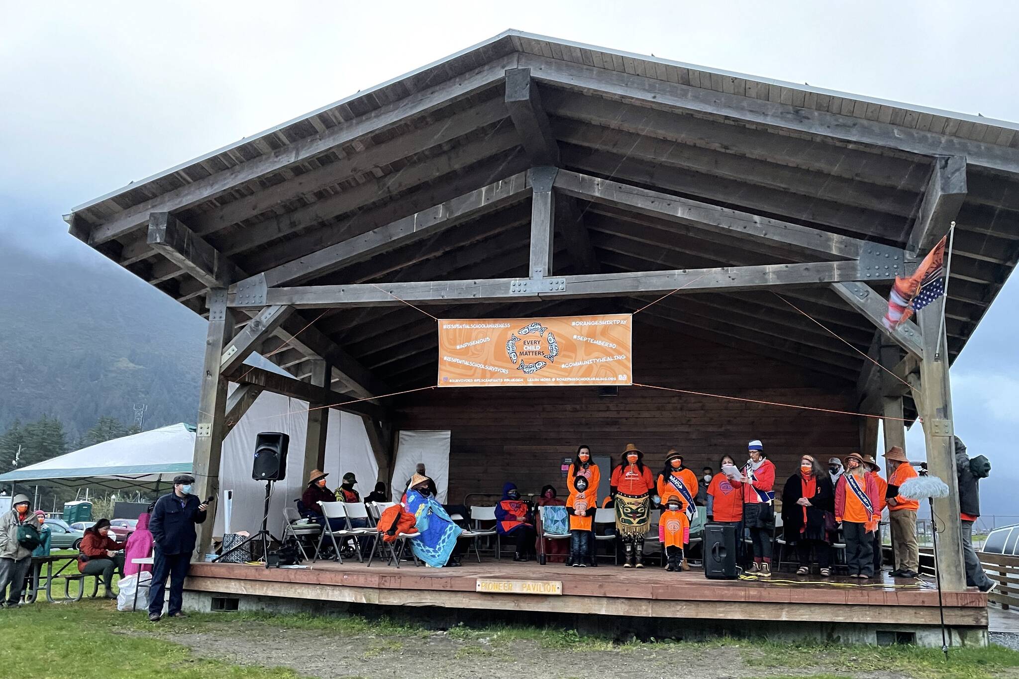 More than 100 gathered at an Orange Shirt Day event near Sandy Beach on Sept. 30, 2021, in remembrance of the Indigenous children killed in North America in the boarding school system. Indigenous leaders are calling for a national commission on truth and healing to address intergenerational trauma stemming from boarding schools. (Michael S. Lockett / Juneau Empire File)