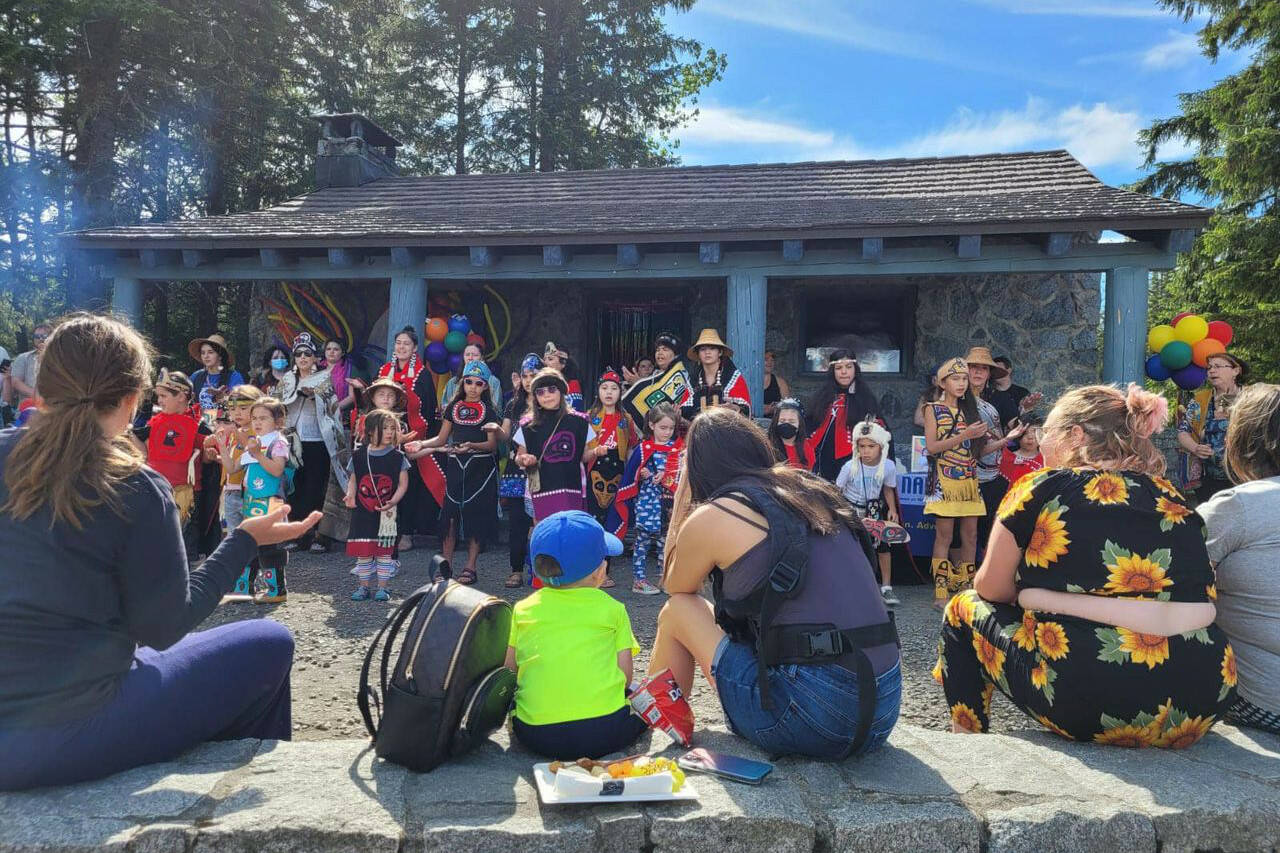 Has Du Eetíxʼ Xʼaakeidíx̱ Haa Sitee performs at Pride Outside at Skater’s Cabin, an LGBTQ community event organized by NAMI Juneau on June 5, 2022. (Courtesy photo / Meryl Connelly-Chew)