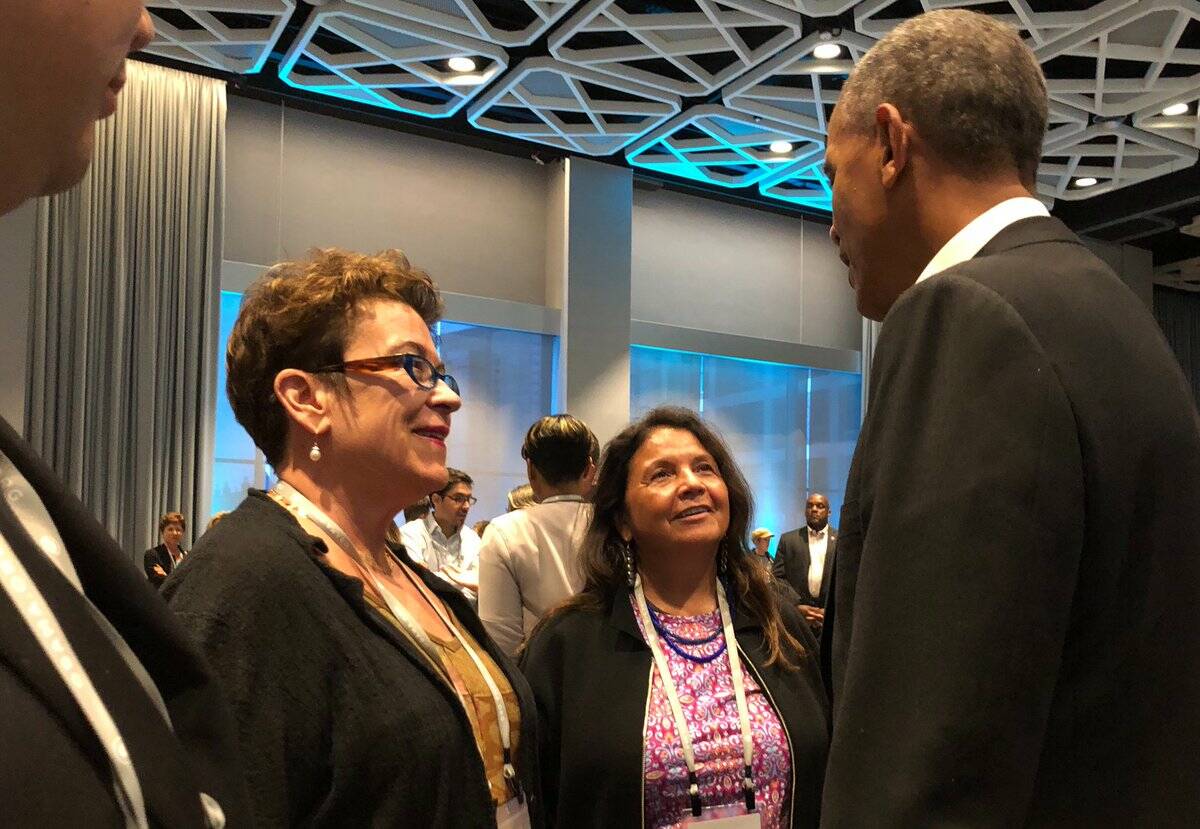 Courtesy Photo / Molly Smith 
Molly Smith (left) and her partner Suzanne Blue Star Boy meet with former President Barack Obama at Arena Stage in 2017.