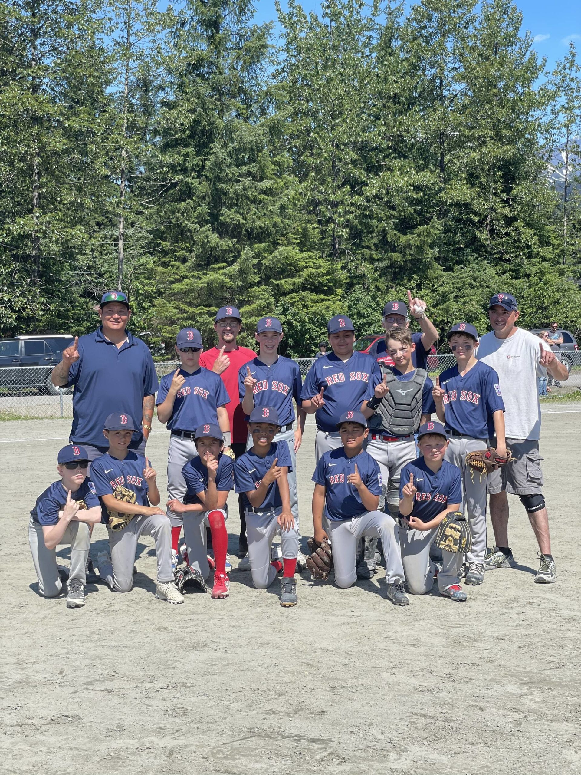 The 2022 Gastineau Little League Majors Division champs are the Juneau Pizza Red Sox. Team members are: (Back row, left to right) manager Nick Nelson, Darwin Decena, coach John Randolf, Andrew Sanders, Joaquin Ramirez, coach PJ, Jamison Randolf, Brenner Harralston, coach Tom Pegues, (front row, left to right) Liam keisseling, Jack Pegues, Micah Nelson, Myles Pasion, Marquis Lim, Matthew Shockly and Fischer Kolodziejski (not pictured.) (Courtesy Photo / Nick Nelson)
