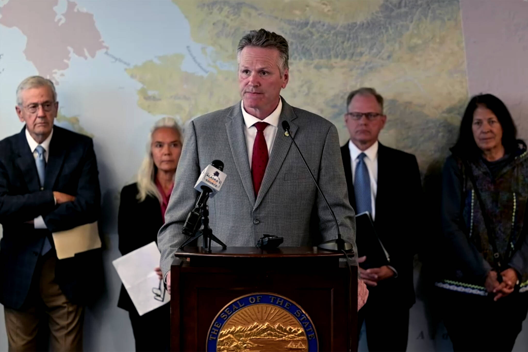 Gov. Mike Dunleavy speaks during a Tuesday afternoon news conference in Anchorage announcing the singing of the state budget for the upcoming fiscal year. (Screenshot)