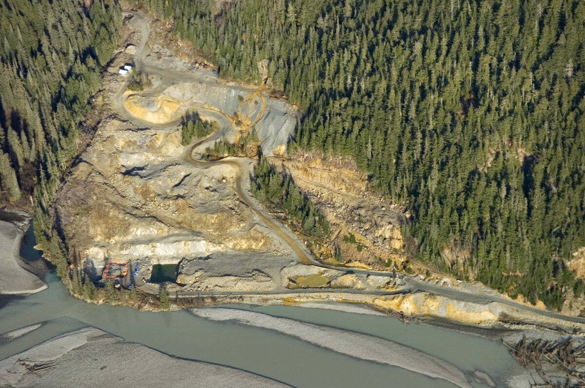 Heavy metals run out of the Tulsequah Chief mine opening and down to holding ponds next to the Tulsequah River Wednesday, Oct. 8, 2008. Leakage from those ponds can be seen entering the river that flows into the Taku River down stream. (Michael Penn / Juneau Empire File)