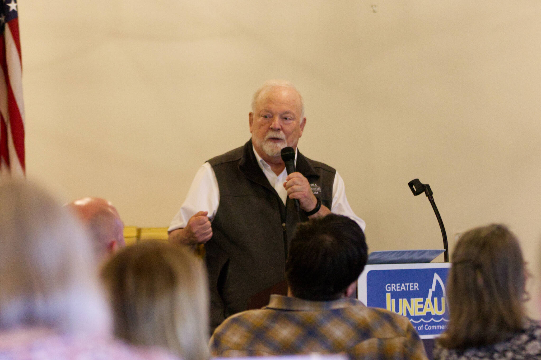 Former Juneau Mayor Bruce Botelho spoke about rank choice voting at the Chamber of Commerce’s weekly luncheon. (Clarise Larson / Juneau Empire)