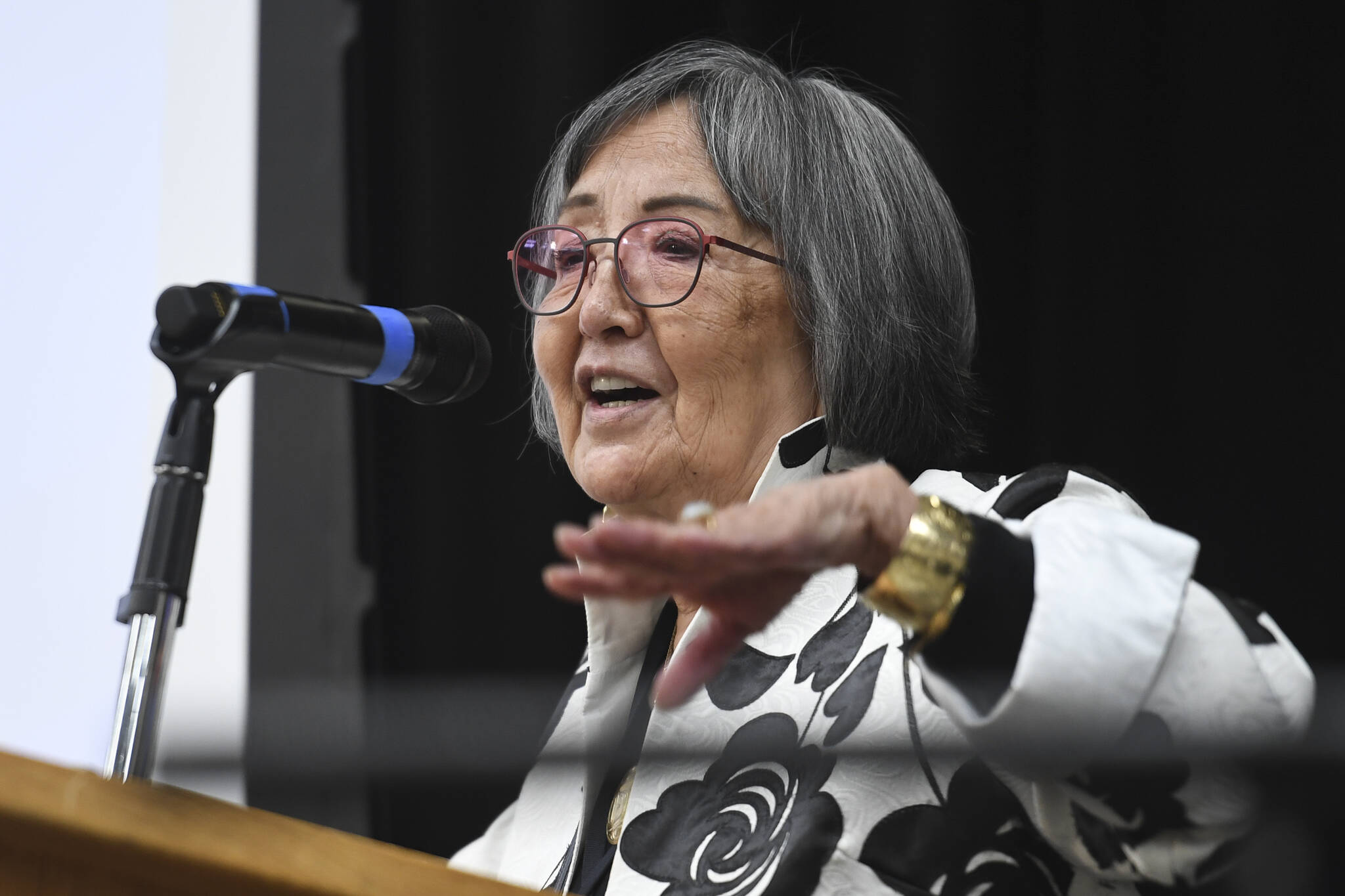 In this September 2019 photo, Rosita Kaaháni Worl, president of Sealaska Heritage Institute, gives a presentation at the Sharing Our Knowledge conference, on blood quantum and how it relates to enrollment of shareholders in Native corporations. (Michael Penn / Juneau Empire File)