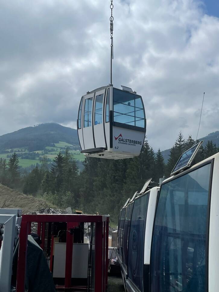 A gondola like the ones being prepared for shipping to Juneau hangs in Austria, where the system is being purchased from. (Courtesy photo / Dave Scanlan)