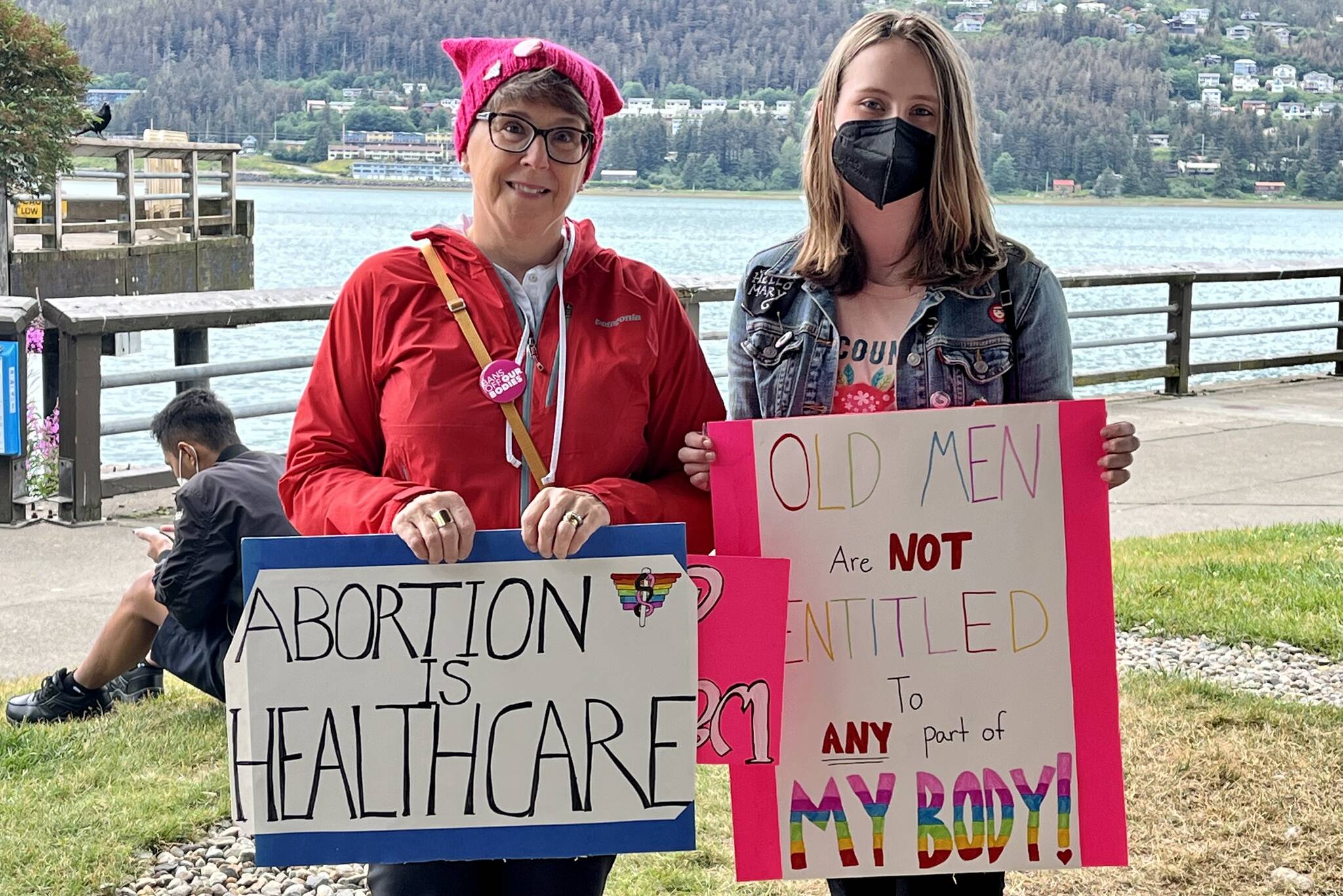 Dawn Sexton with her granddaughter Cora Hoyt showing their support of pro-abortion on Saturday’s rally. (Jonson Kuhn / Juneau Empire)