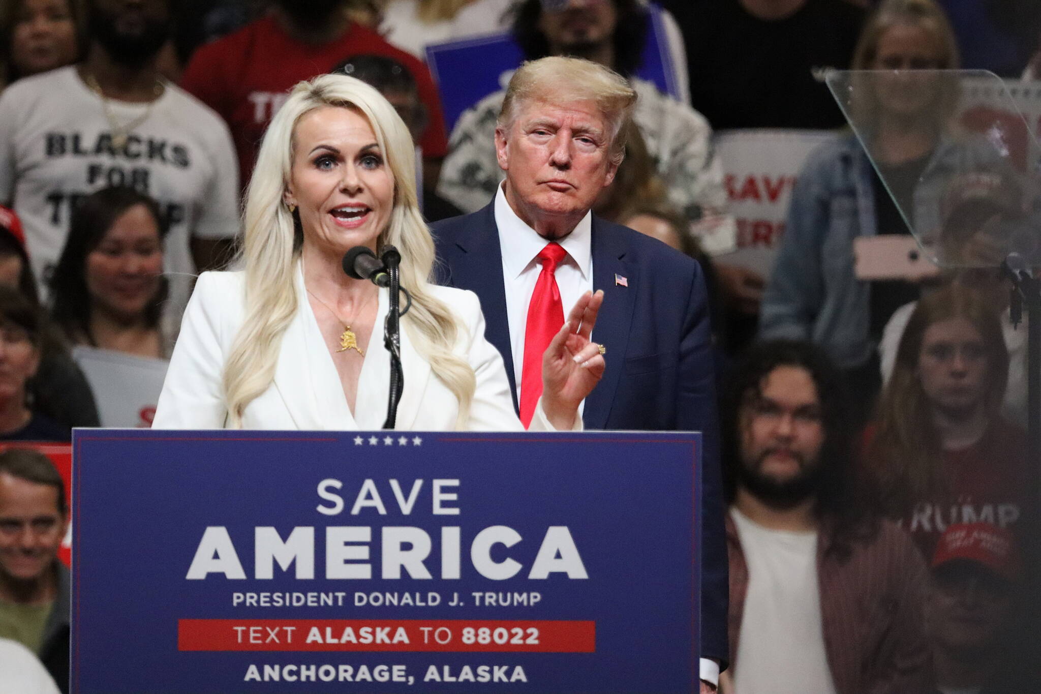 Kelly Tshibaka, former Alaska Department of Administration commissioner and current U.S. Senate candidate, joined former President Donald Trump at a Save America rally held Saturday in Anchorage. Tshibaka was one of two Republican congressional candidates to join Trump. (Mark Sabbatini / Juneau Empire)
