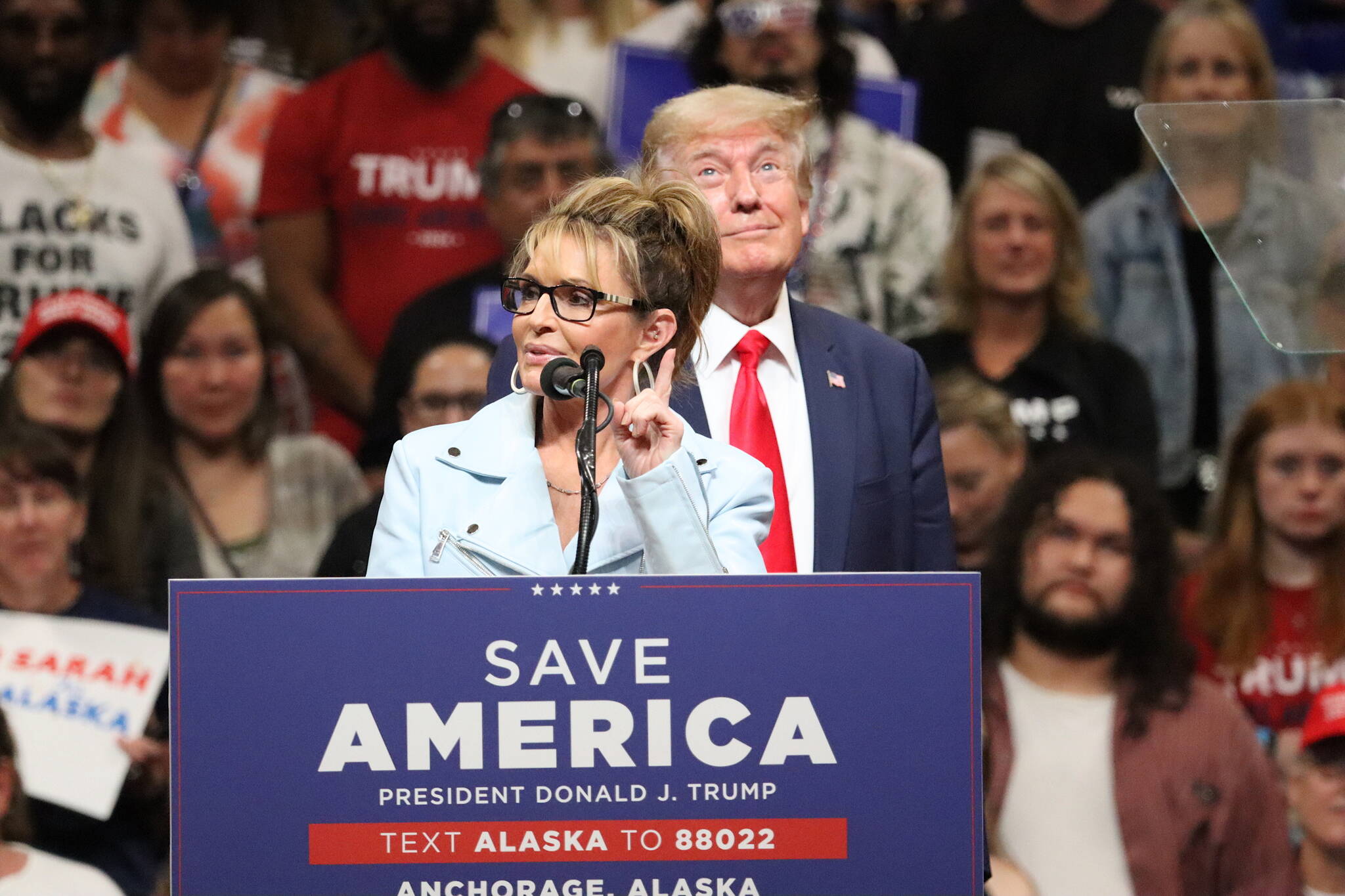 Former Gov. Sarah Palin, who is seeking Alaska’s lone seat in the U.S. House of Representatives, joined former President Donald Trump for a Save America rally in Anchorage. Palin was an early backer of Trump’s presidential campaign. (Mark Sabbatini / Juneau Empire)