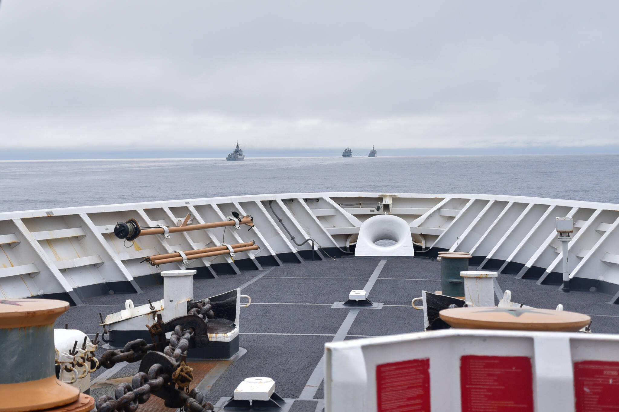 During a routine maritime patrol in the Bering Sea and Arctic region, U.S. Coast Guard Cutter Bertholf spotted and established radio contact with Chinese People’s Liberation Army Navy (PLAN) task force in international waters within the U.S. exclusive economic zone, Aug. 30, 2021. (Ensign Bridget Boyle / U.S. Coast Guard)