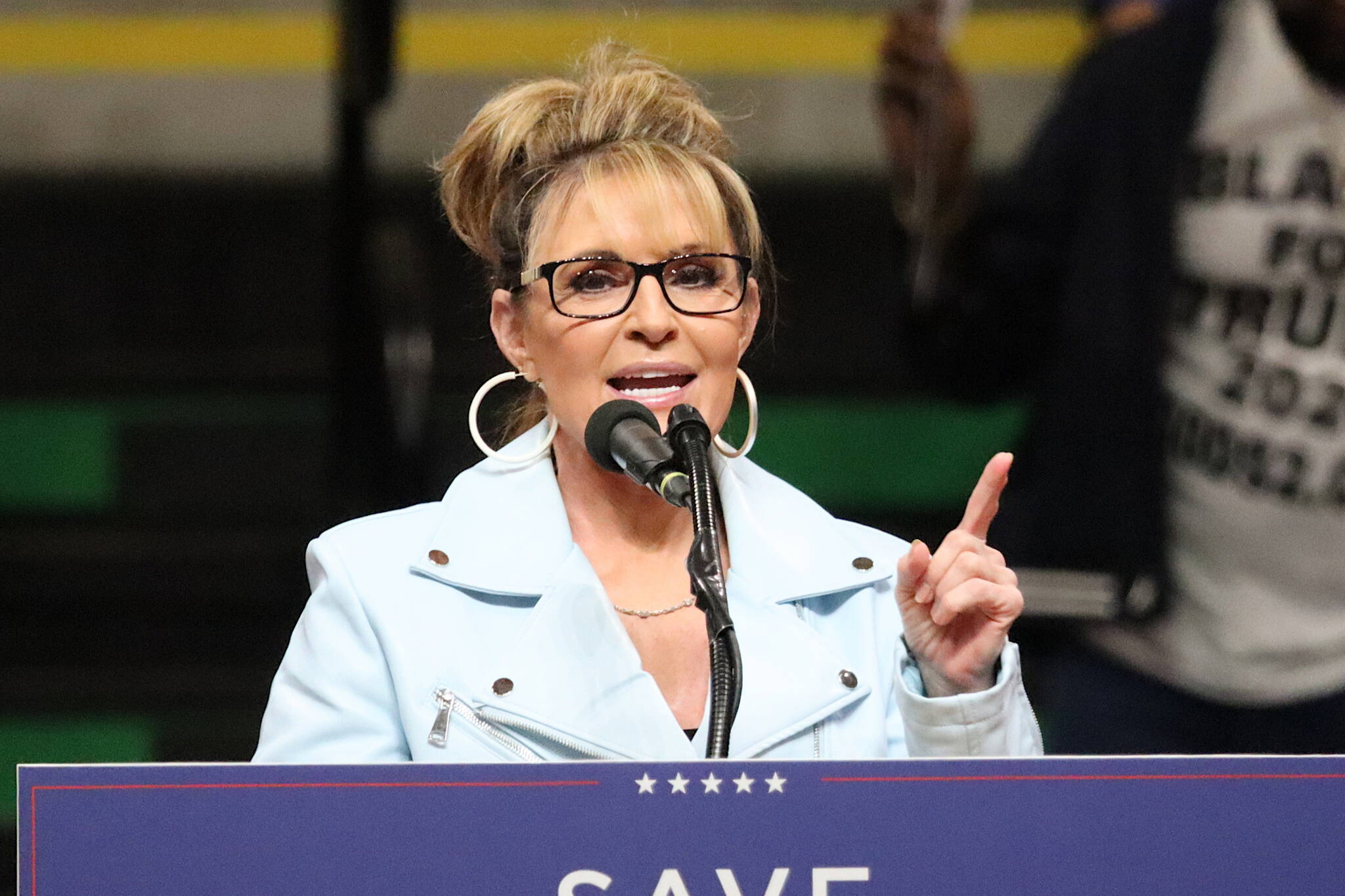 Sarah Palin speaks at a July 11 Save America Rally featuring former President Donald Trump at Alaska Airlines Center in Anchorage. (Mark Sabbatini / Juneau Empire)