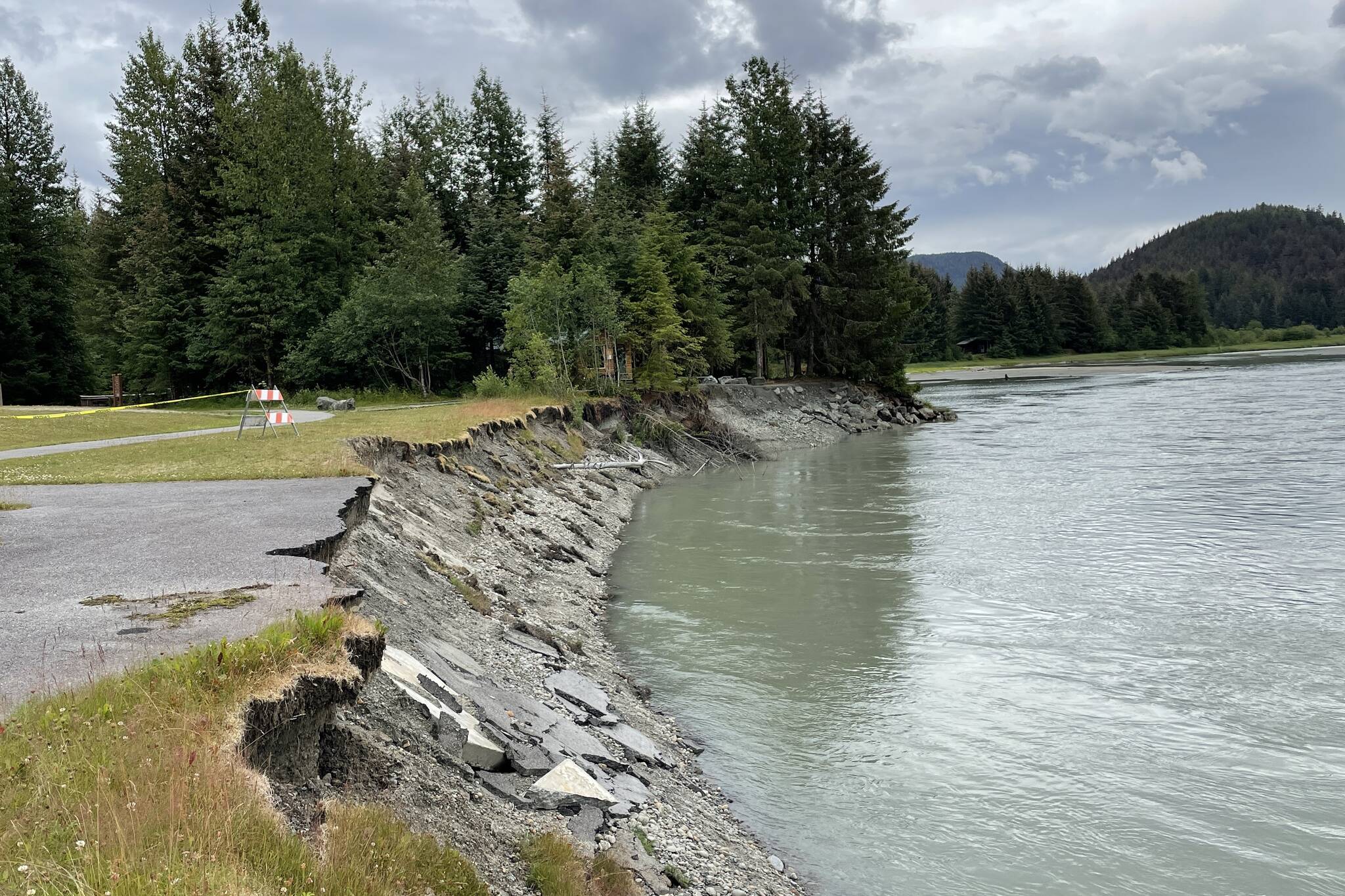 Erosion on the riverbank is threatening more and more infrastructure near Eagle Beach State Park, including a public cabin. (Michael S. Lockett / Juneau Empire)