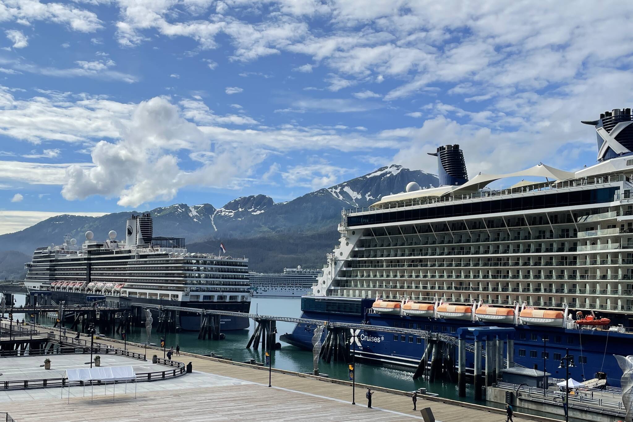 Cruise ships lay moored alongside the piers downtown on July 14, 2022. (Michael S. Lockett / Juneau Empire)