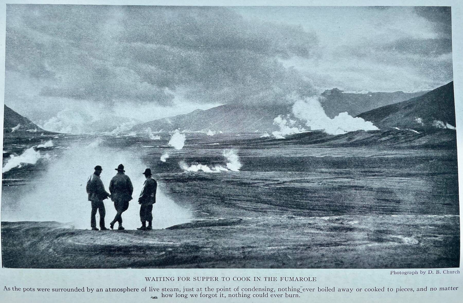 Explorers of the Valley of 10,000 Smokes after its eruption in 1912 stand at a campsite above the valley floor. (L.G. Folsom, from the book “The Valley of 10,000 Smokes” by Robert Griggs)