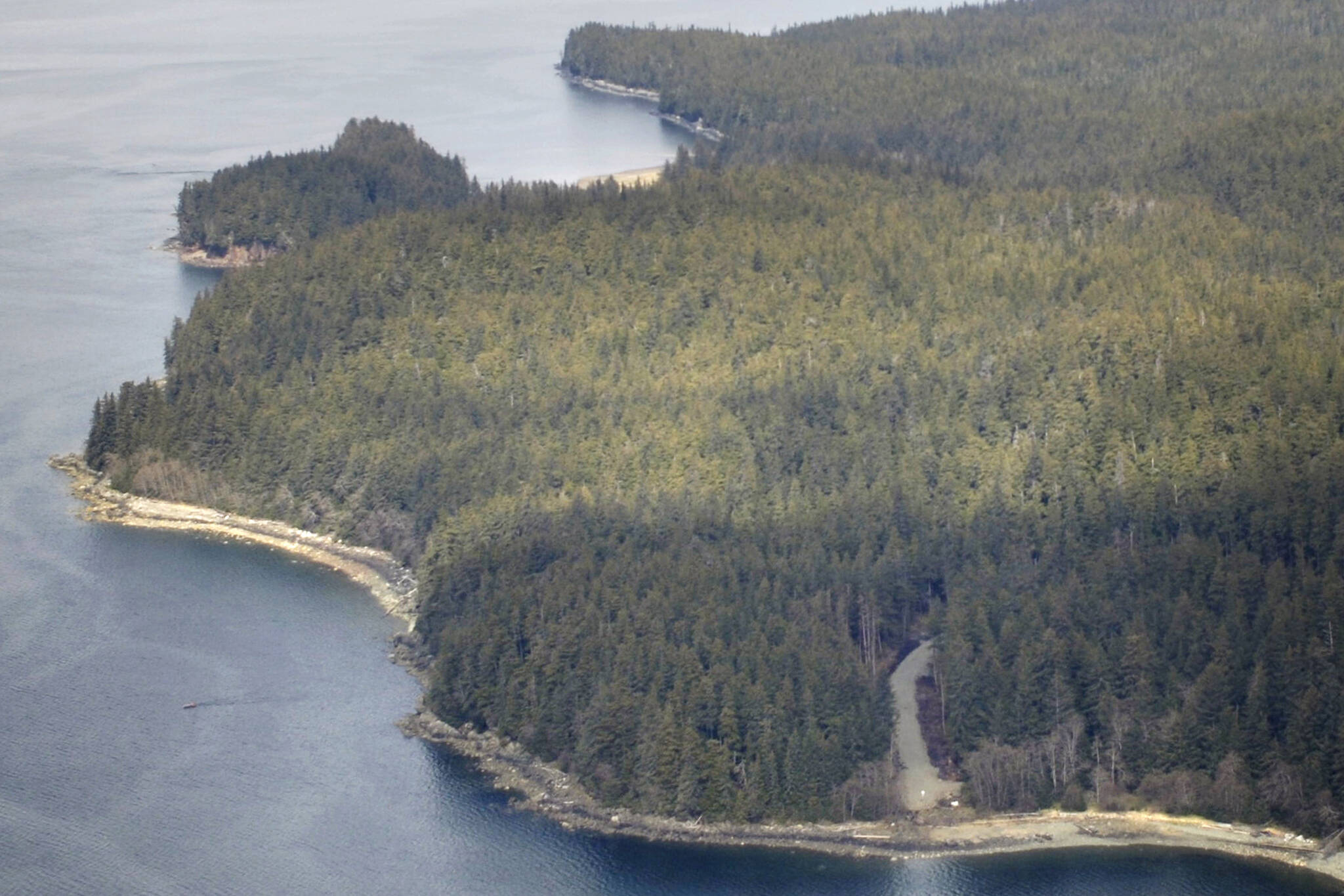 A picture showing the Juneau road system ending at Cascade Point in Berners Bay in May 2006. The area from Echo Cove to Cascade Point is owned by Gold Belt Inc.,an Alaska Native corporation,  (Michael Penn / Juneau Empire File)