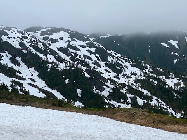 Eaglecrest ridge snowy and under foggy skies as seen in early July. (Courtesy Photo / Denise Carroll)