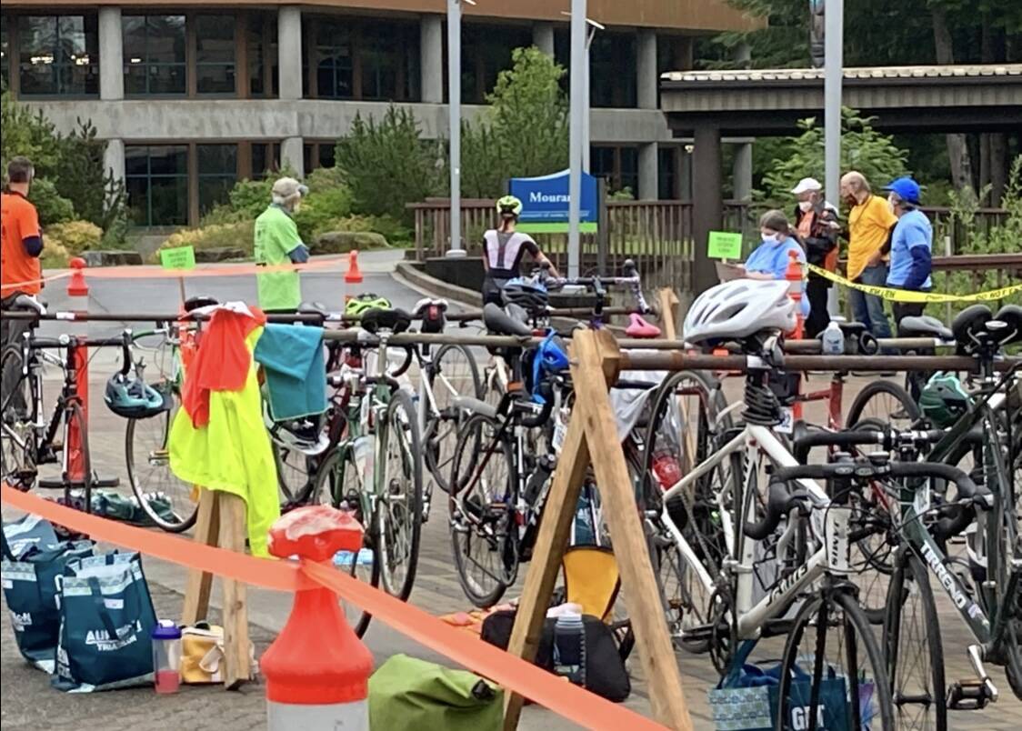 Bikes sit in a line waiting for racers at the 2021 Aukeman Triathalon. (Courtesy /Jean Butler)